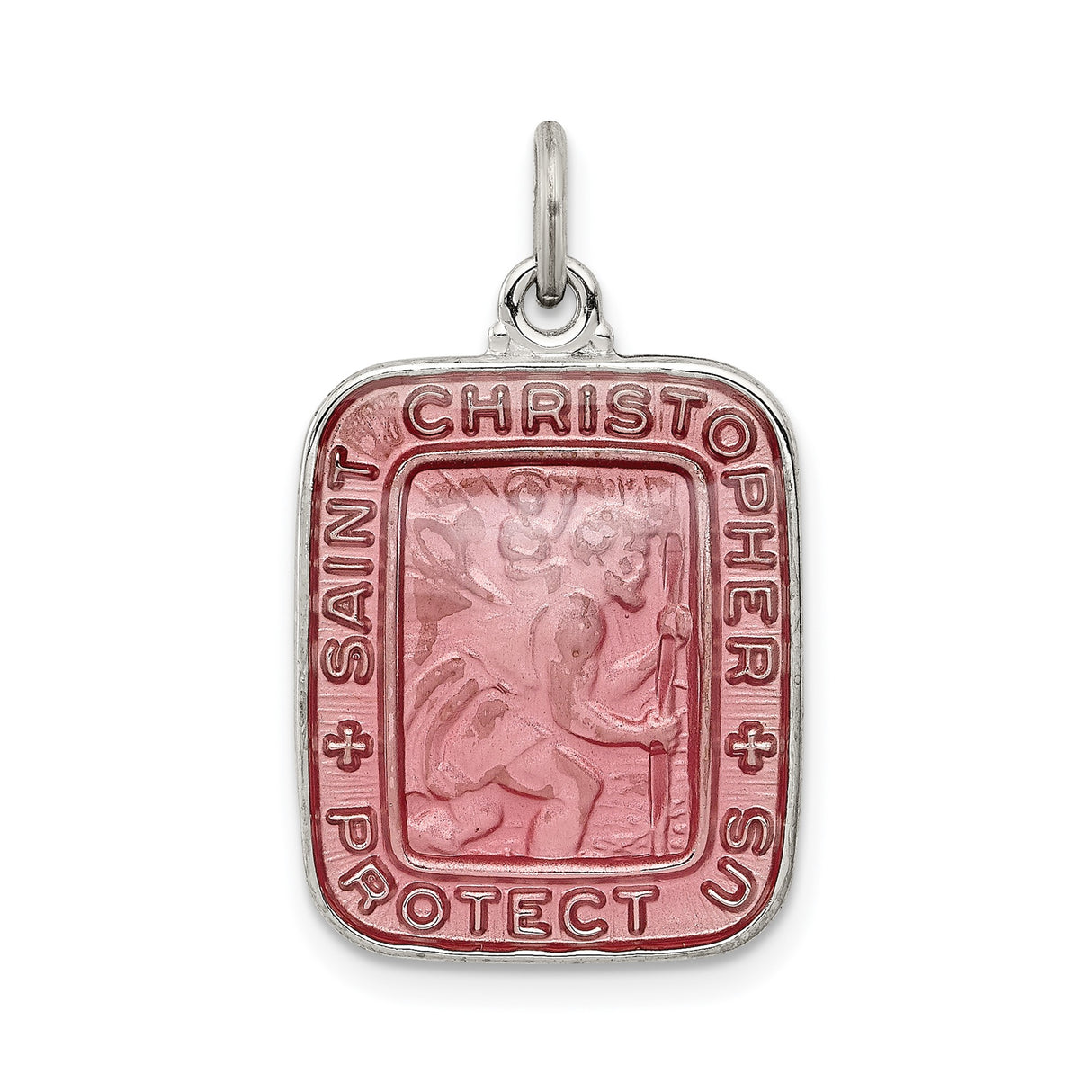 Sterling Silver Saint Christopher Travel Pendant with Rose Pink Enamel Square Design