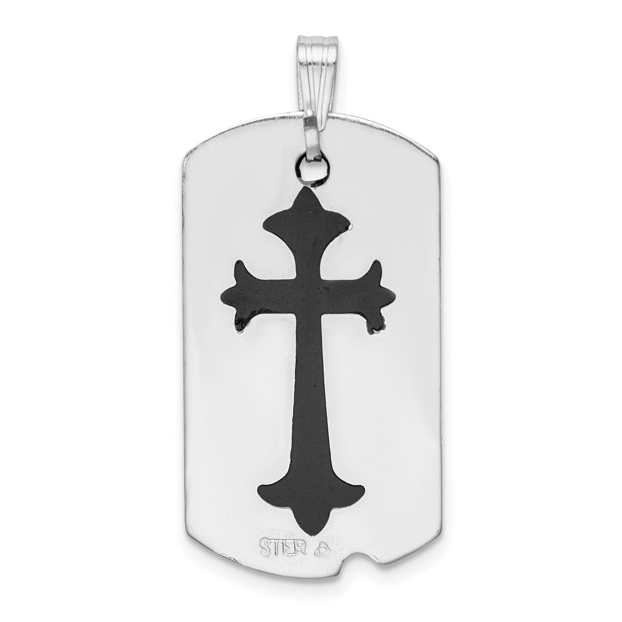 Sterling Silver Cross Dog Tag Pendant with Black Epoxy, Gothic Design, Beveled Edge