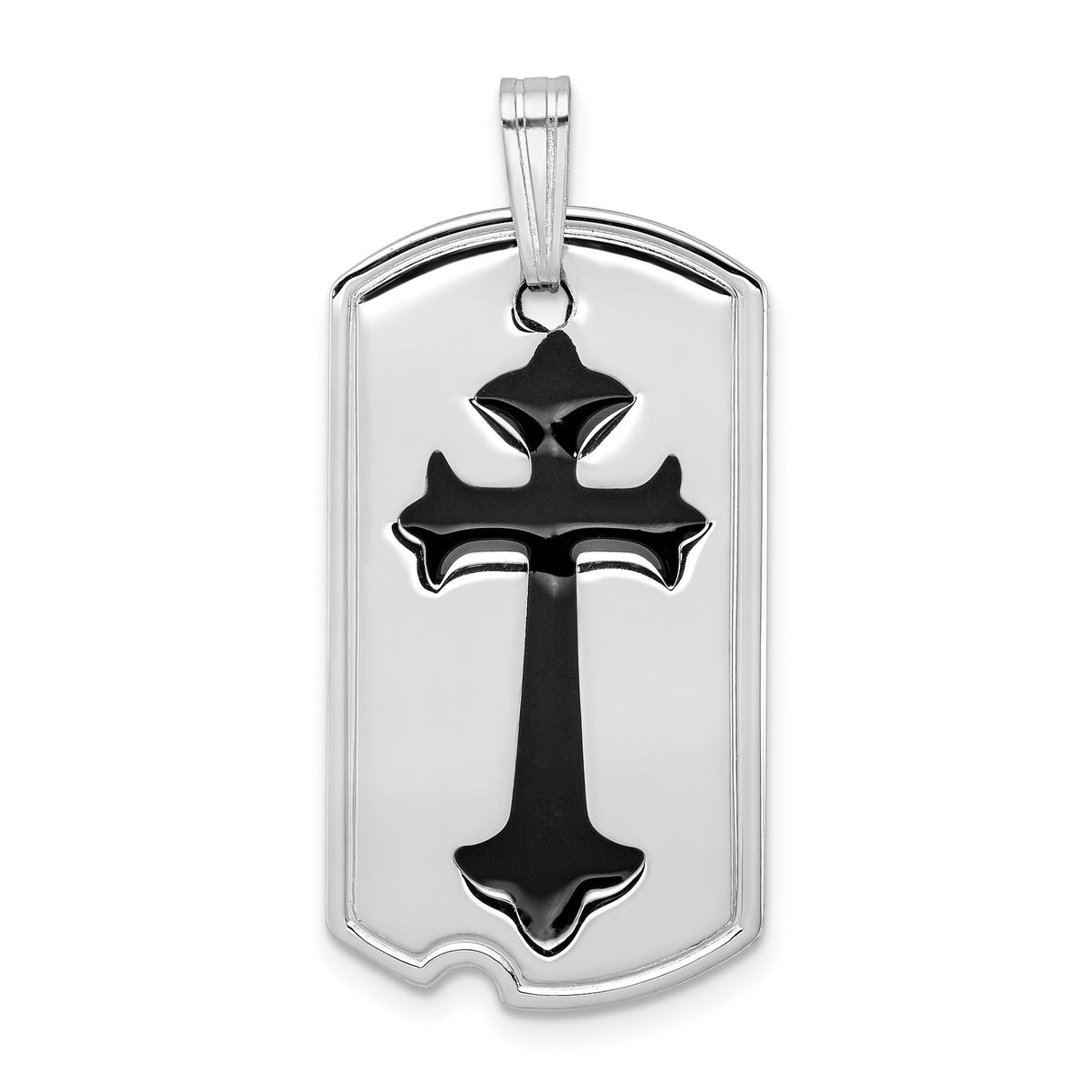 Sterling Silver Cross Dog Tag Pendant with Black Epoxy, Gothic Design, Beveled Edge