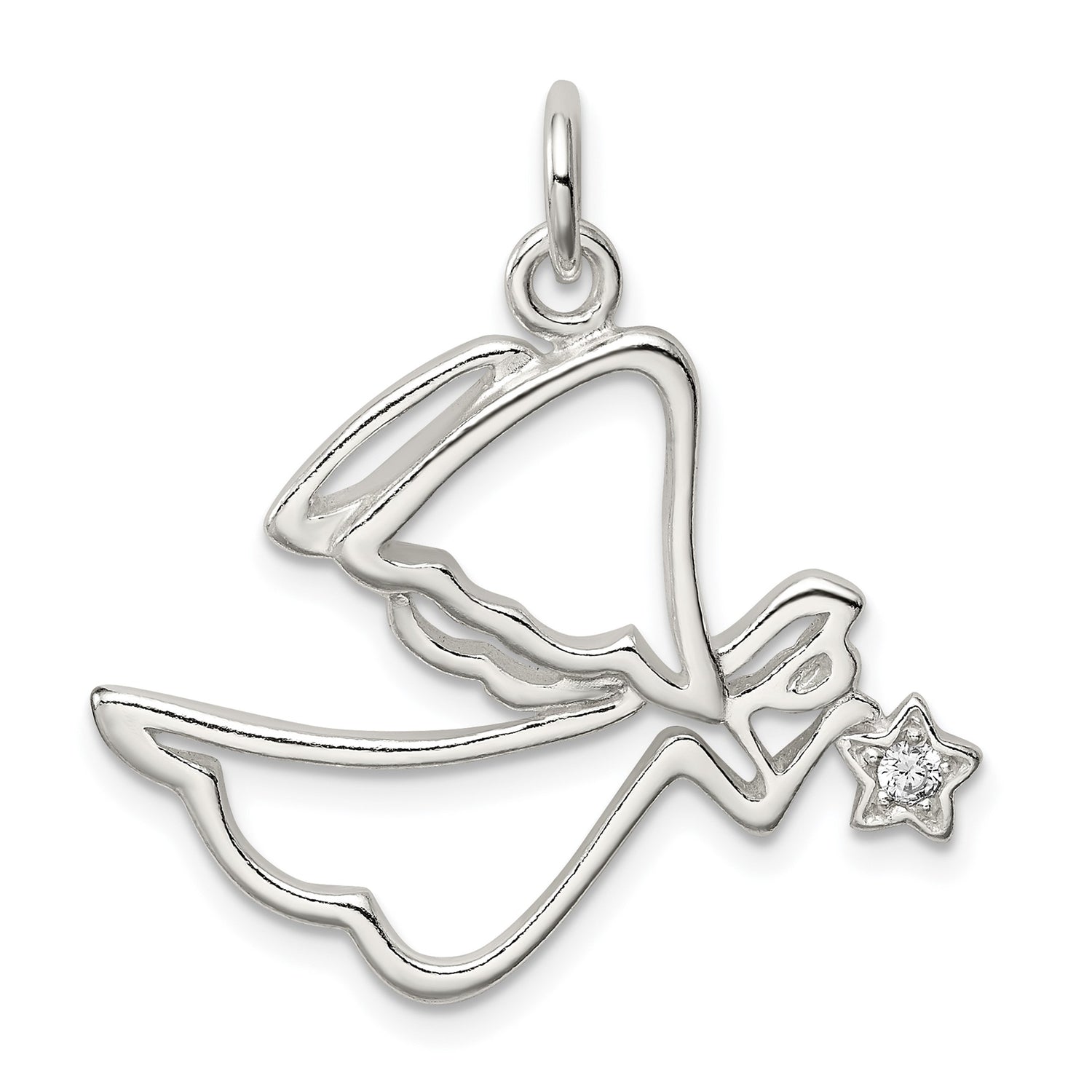 Sterling Silver Angel Outline Pendant with Star Detail and Cubic Zirconia Accent
