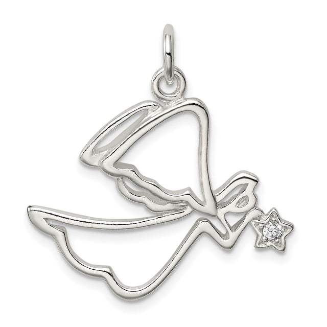 Sterling Silver Angel Outline Pendant with Star Detail and Cubic Zirconia Accent