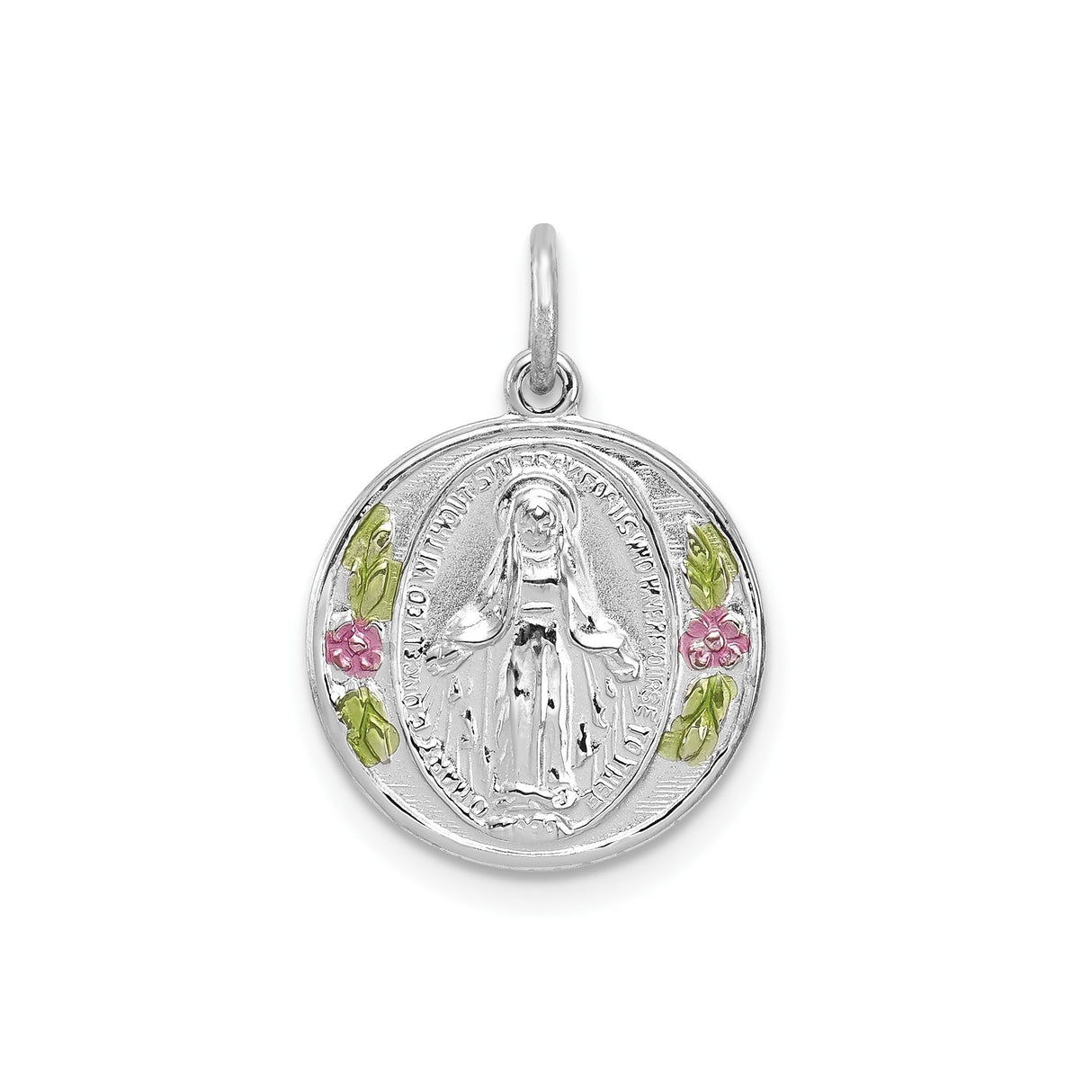 Sterling Silver Miraculous Medal Pendant with Pink and Green Enamel Flowers