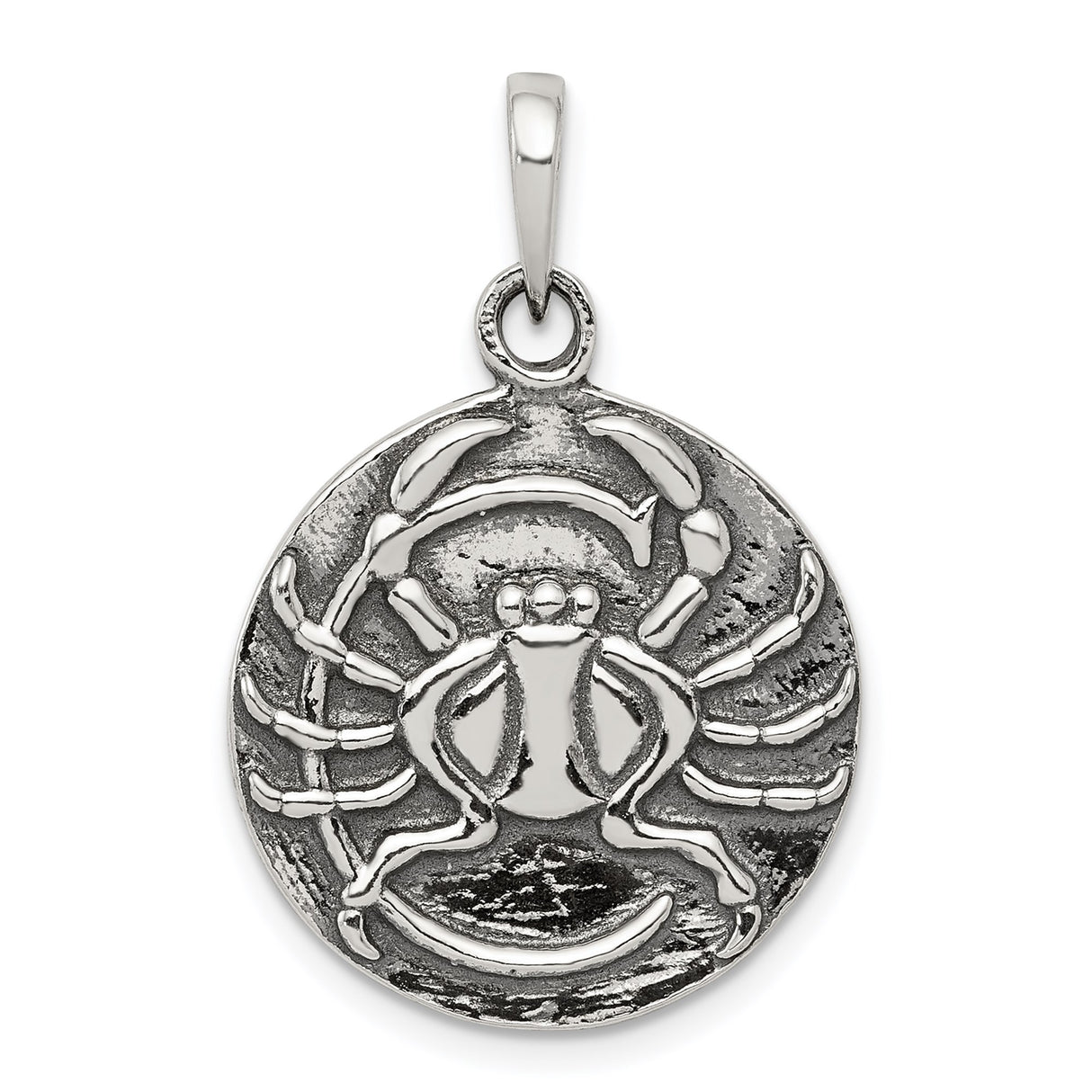 Sterling Silver Pendant with Cancer Zodiac Crab Design on Textured Round Disc