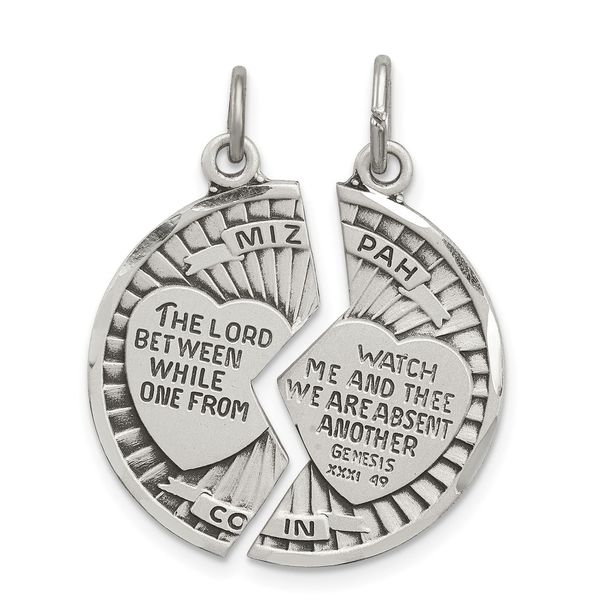 Sterling Silver Mizpah Pendant with Genesis 31:49 Bible Verse, Interlocking Coin Design