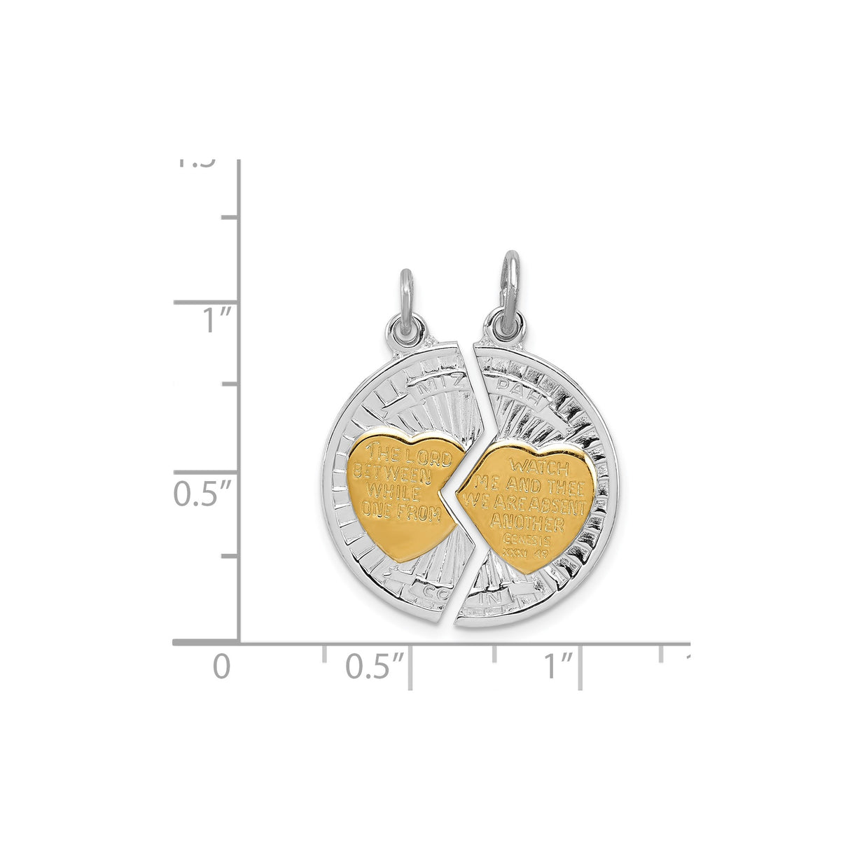 Sterling Silver Mizpah Pendant with Interlocking Gold Tone Hearts and Genesis 31 Inscription