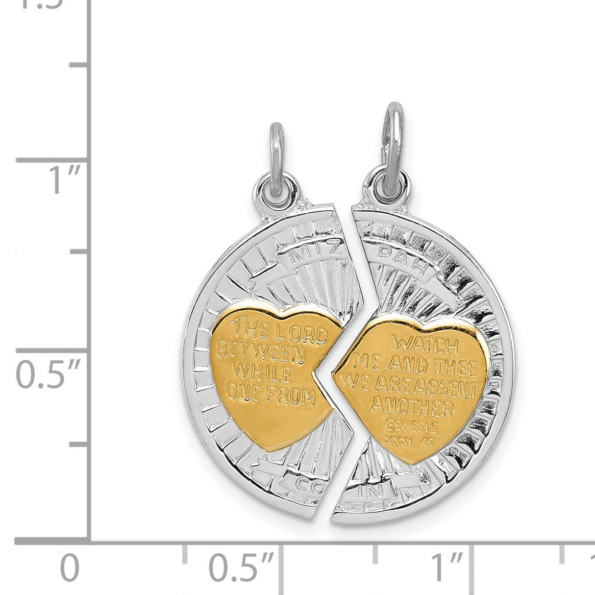 Break Apart Mizpah Coin Emotional Bond Words on Hearts Charm Pendant in Real 925 Sterling Silver