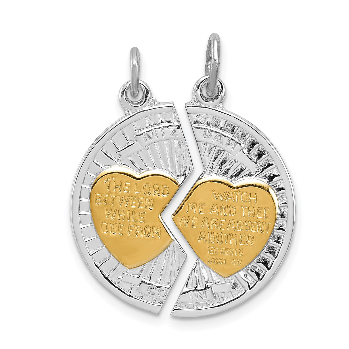 Sterling Silver Mizpah Pendant with Interlocking Gold Tone Hearts and Genesis 31 Inscription