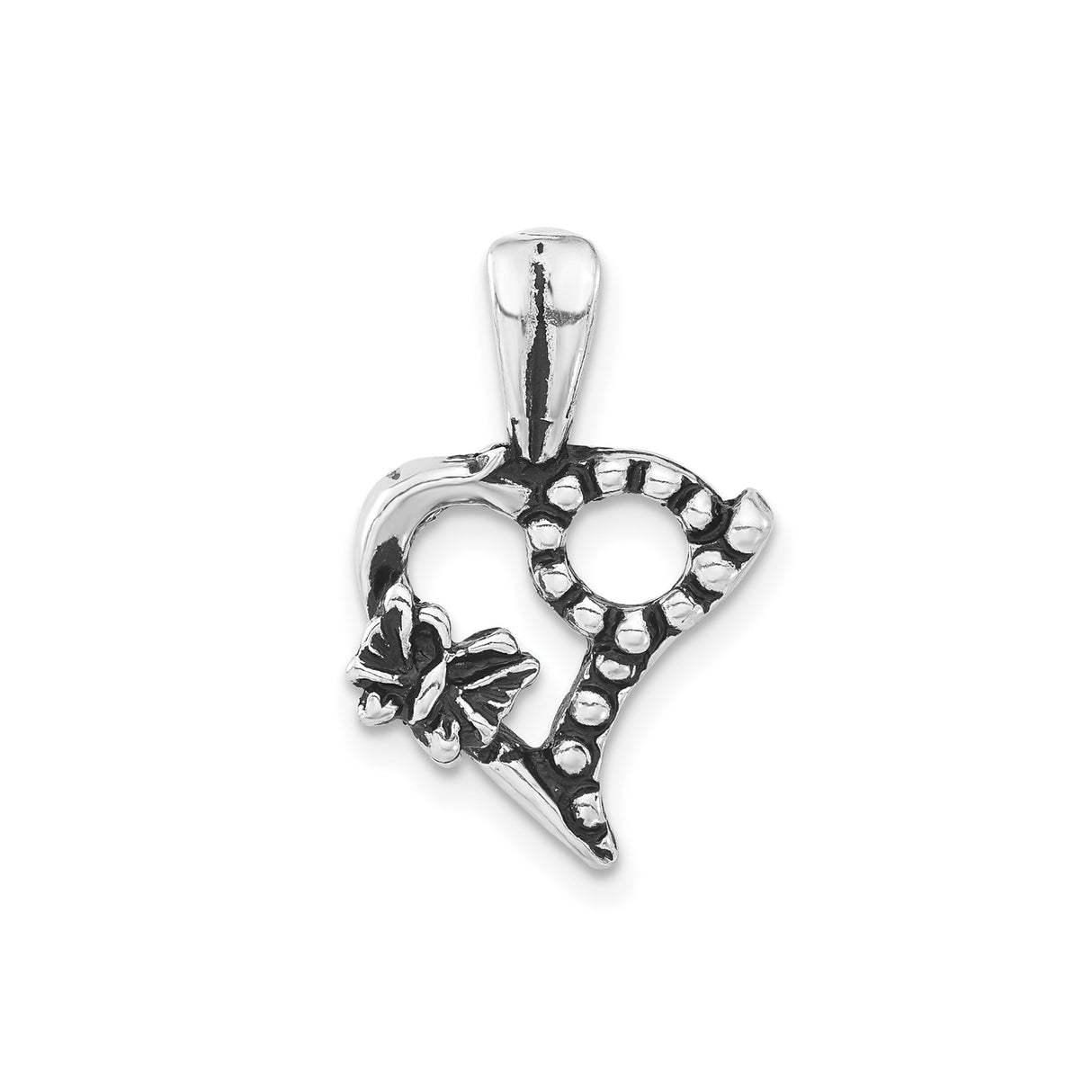 Sterling Silver Heart Pendant with Polka Dot Texture and Butterfly Accent for Women