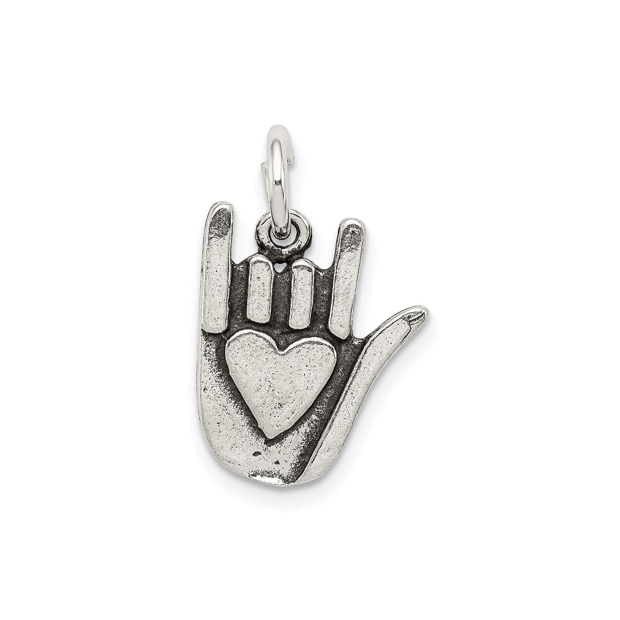 Sterling Silver Pendant with ASL Hand Symbol and Heart, Unisex Sign Language Charm