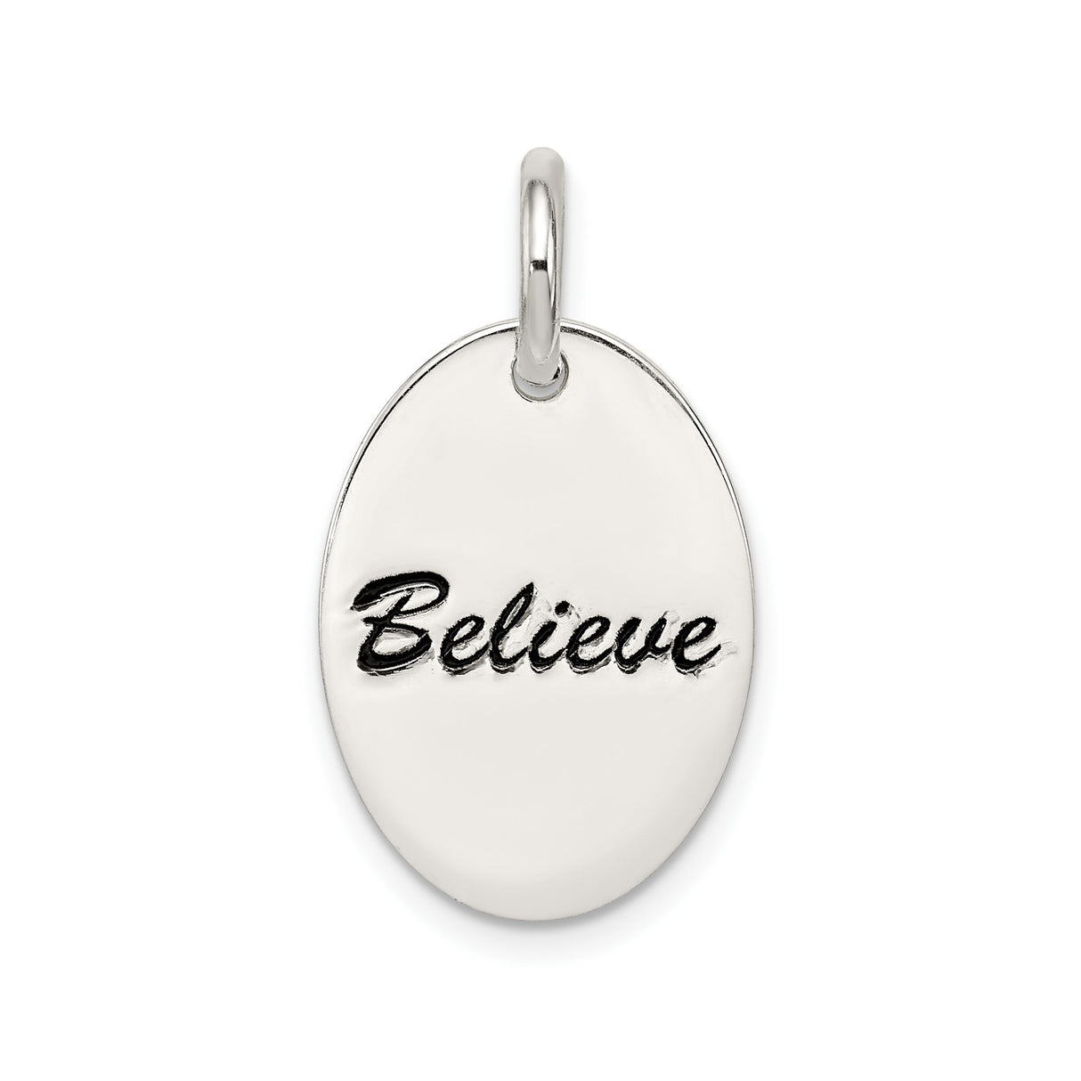 Sterling Silver Pendant with Believe Script Engraving, Oval Inspirational Charm for Women