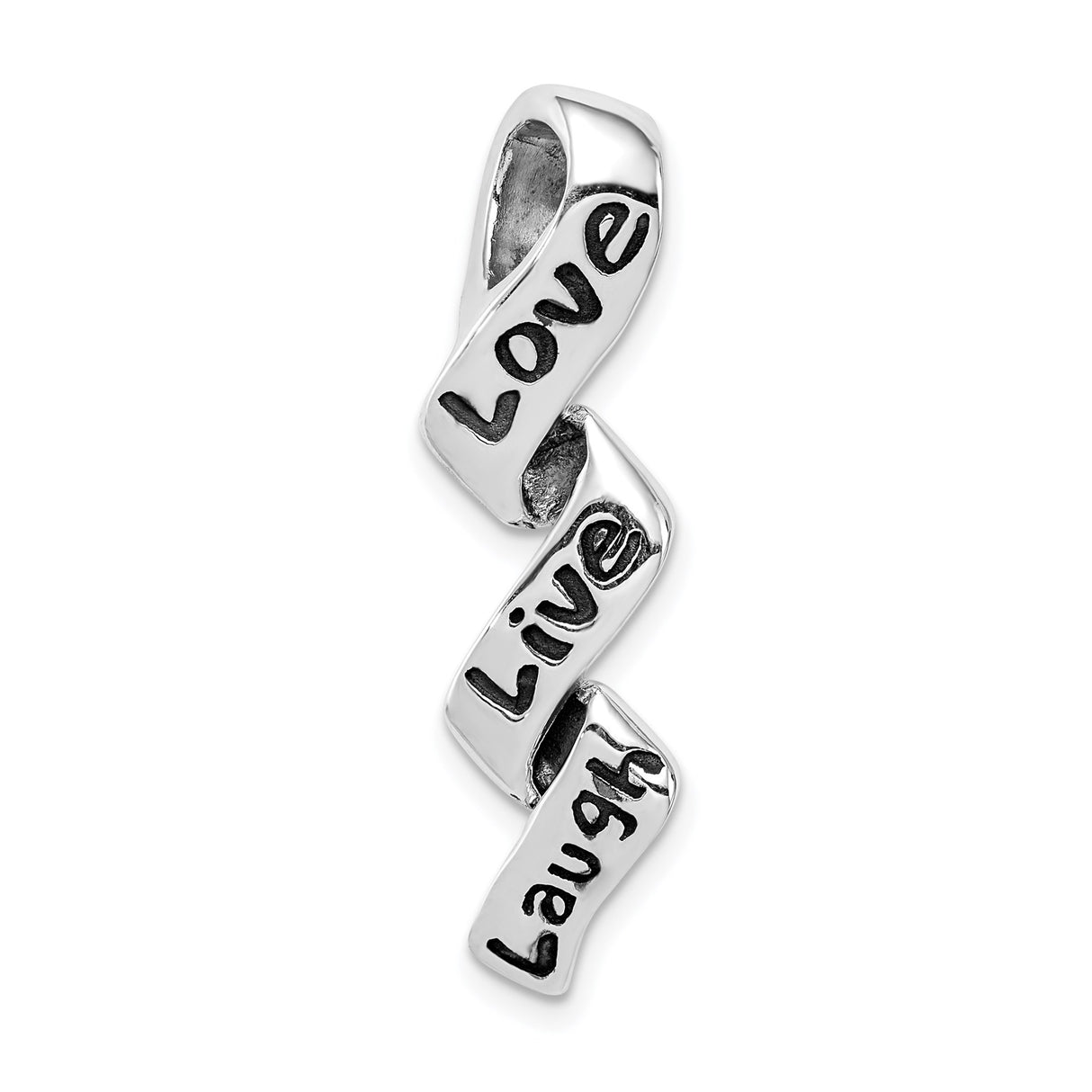 Sterling Silver Ribbon Pendant with Live Love Laugh Message, Twisted Motivational Design