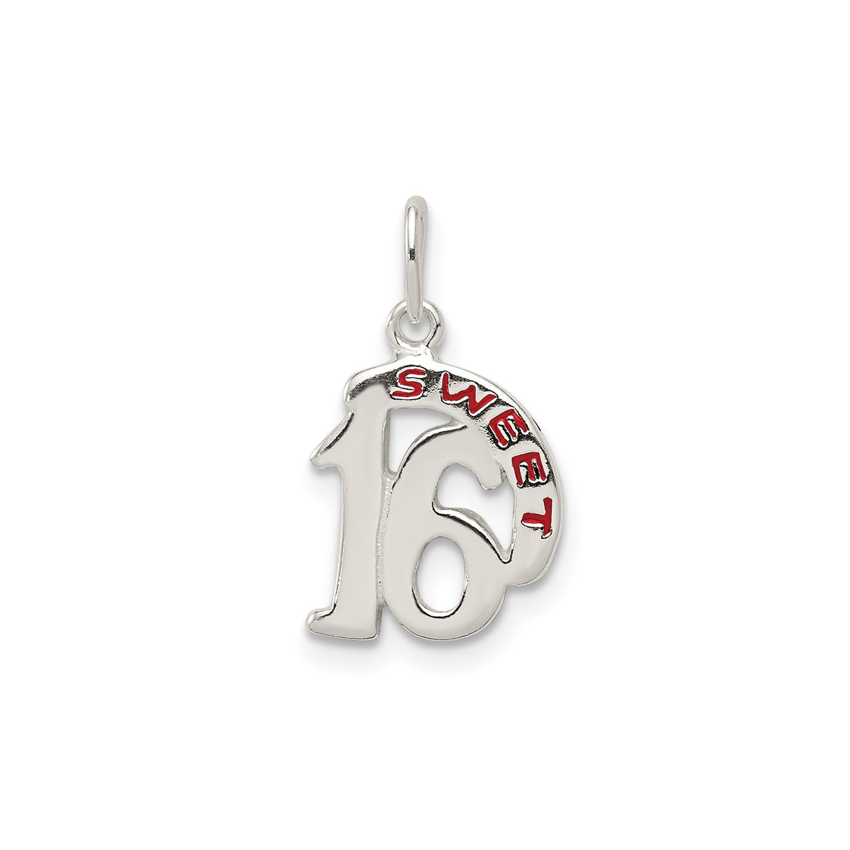 Sterling Silver Sweet 16 Pendant with Red Enamel Accent, Birthday Charm for Teen Girl