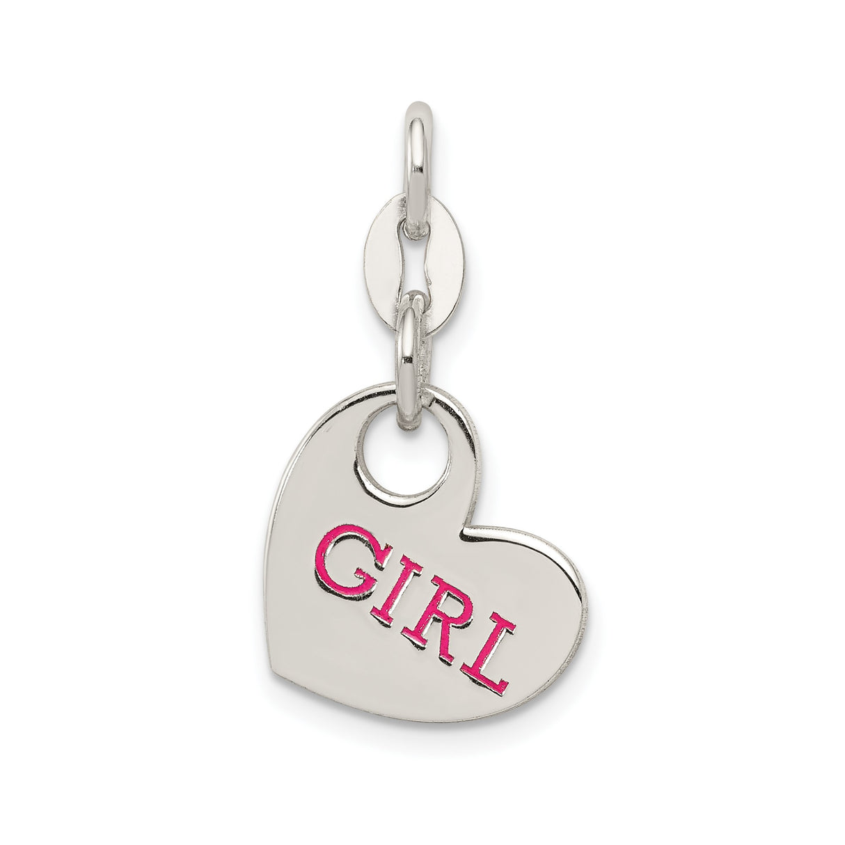 Sterling Silver Girl Charm Pendant with Pink Enamel Heart Design, Feminine Keepsake Jewelry