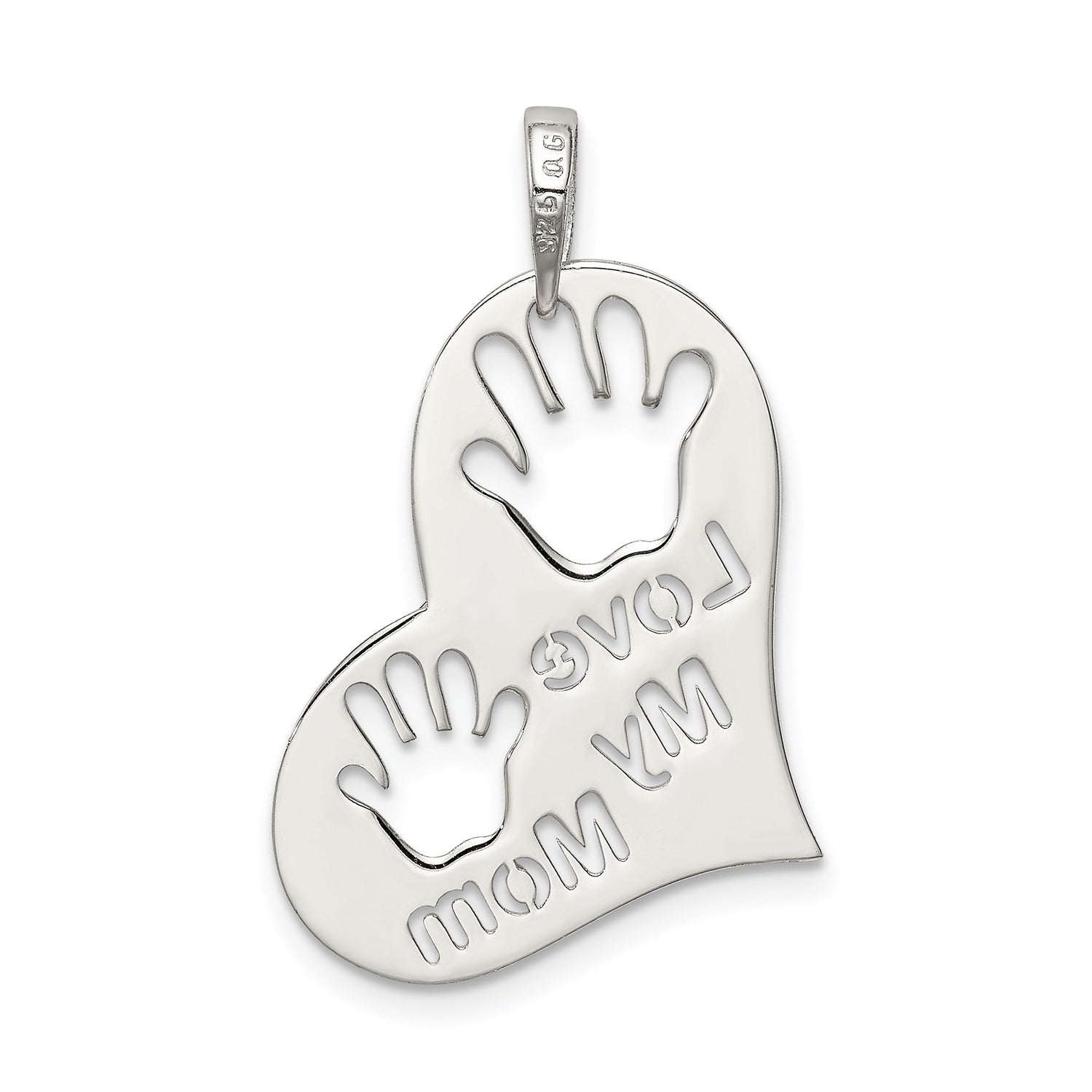 Sterling Silver Heart Pendant with Handprint Cutouts and Love My Mom Phrase