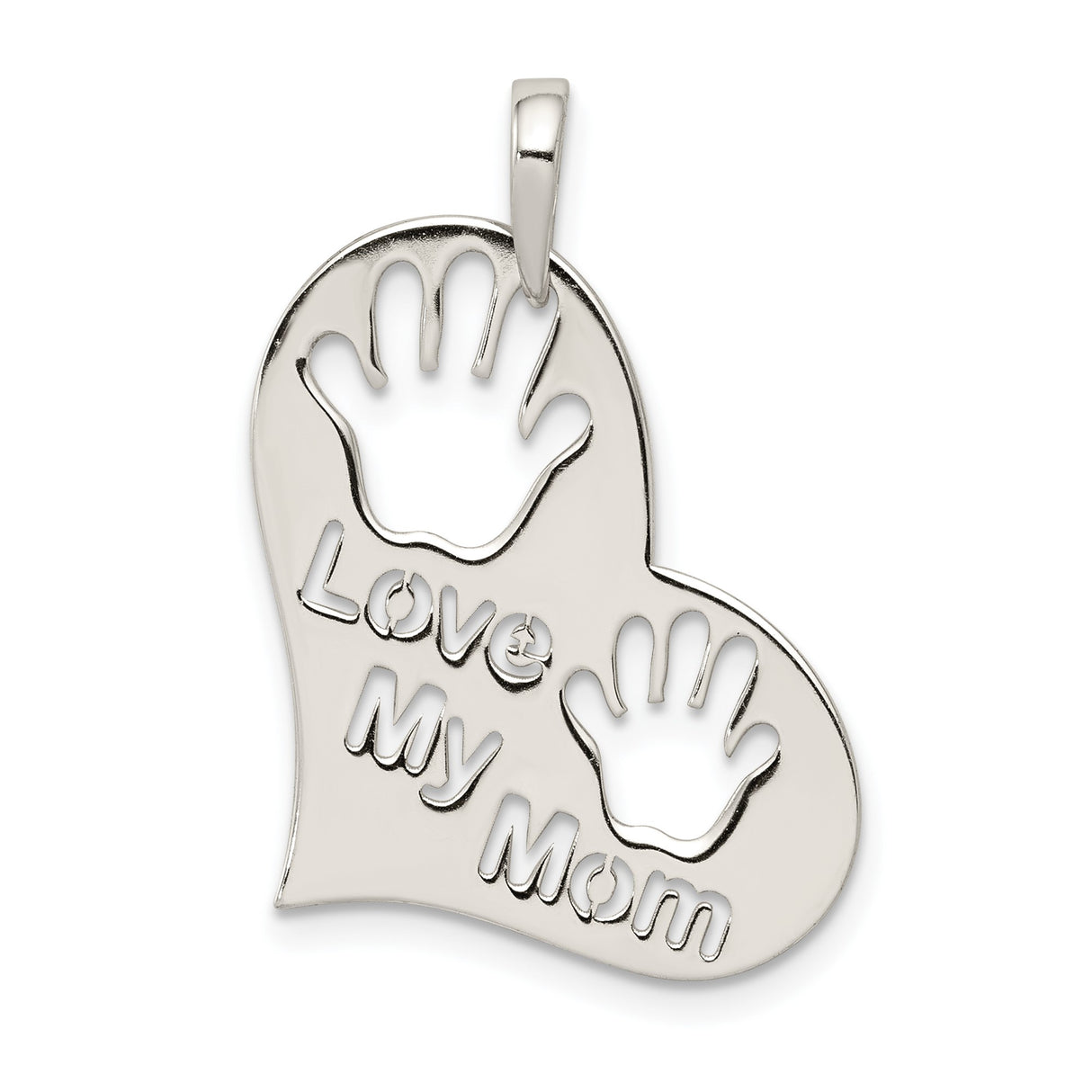 Sterling Silver Heart Pendant with Handprint Cutouts and Love My Mom Phrase