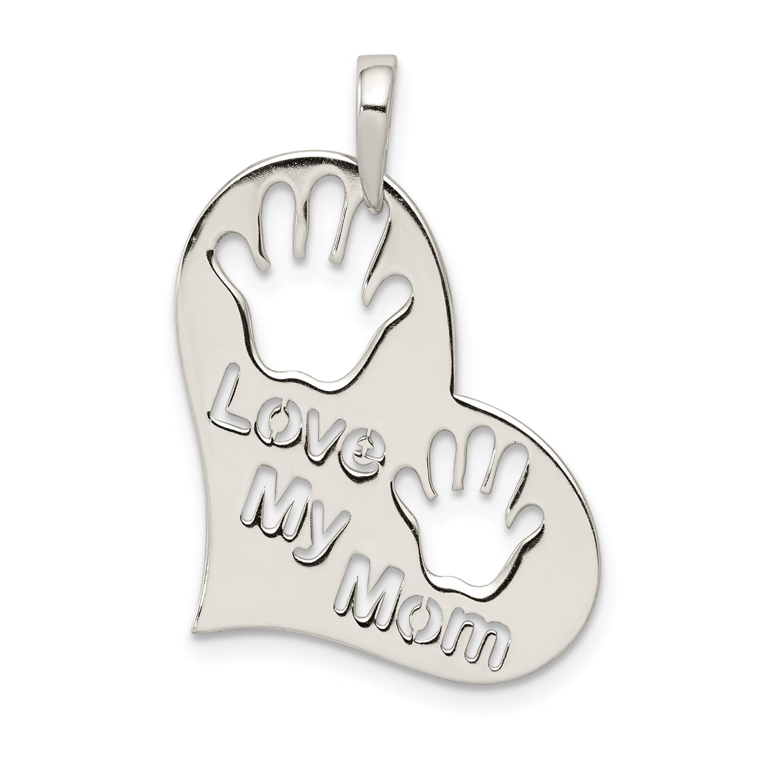 Sterling Silver Heart Pendant with Handprint Cutouts and Love My Mom Phrase