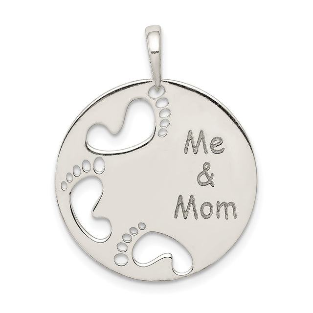 Sterling Silver Pendant with Cutout Footprints and Sentimental Me and Mom Quote