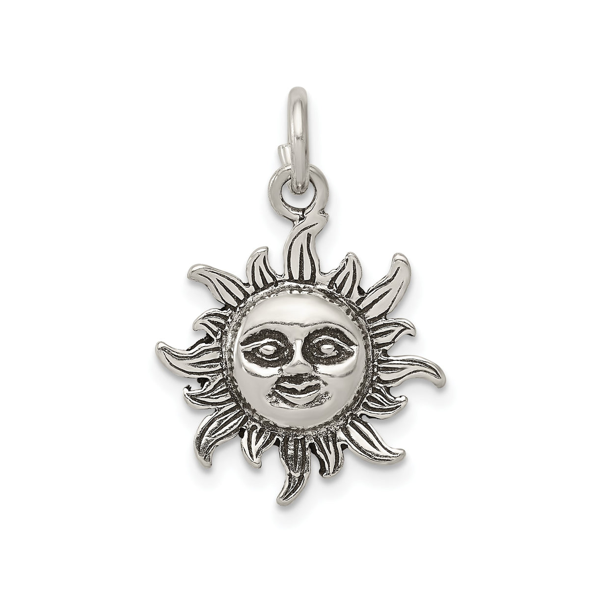Sterling Silver Sun Face Pendant with Serene Expression and Celestial Rays, Boho Artisan Jewelry