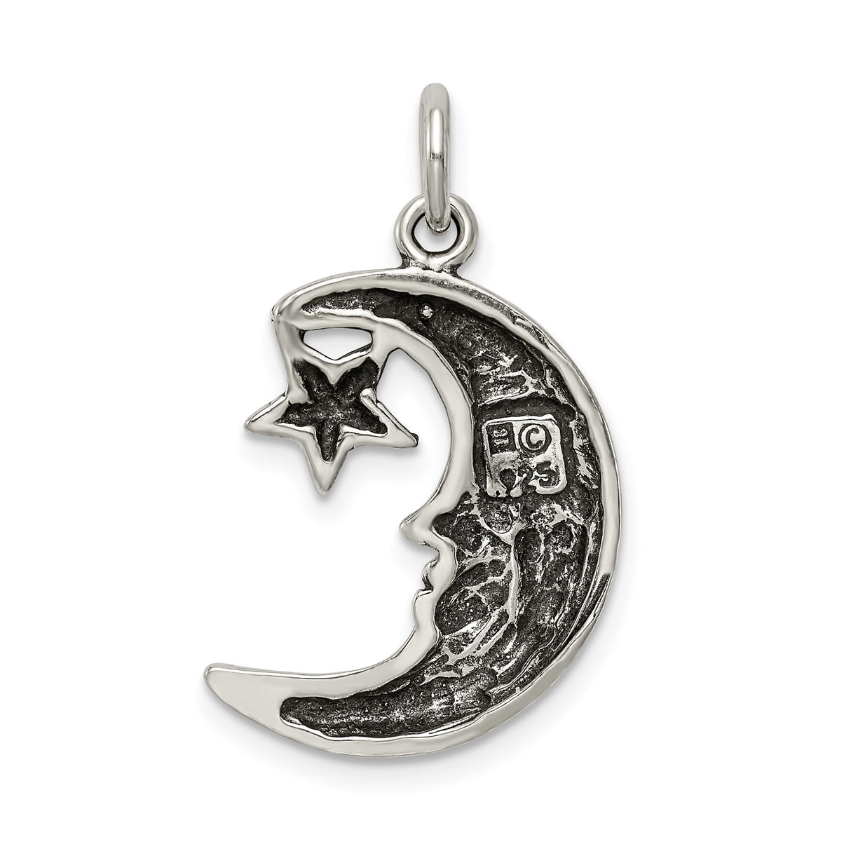 Sterling Silver Crescent Moon and Star Pendant with Face Detail, Celestial Astrology Charm