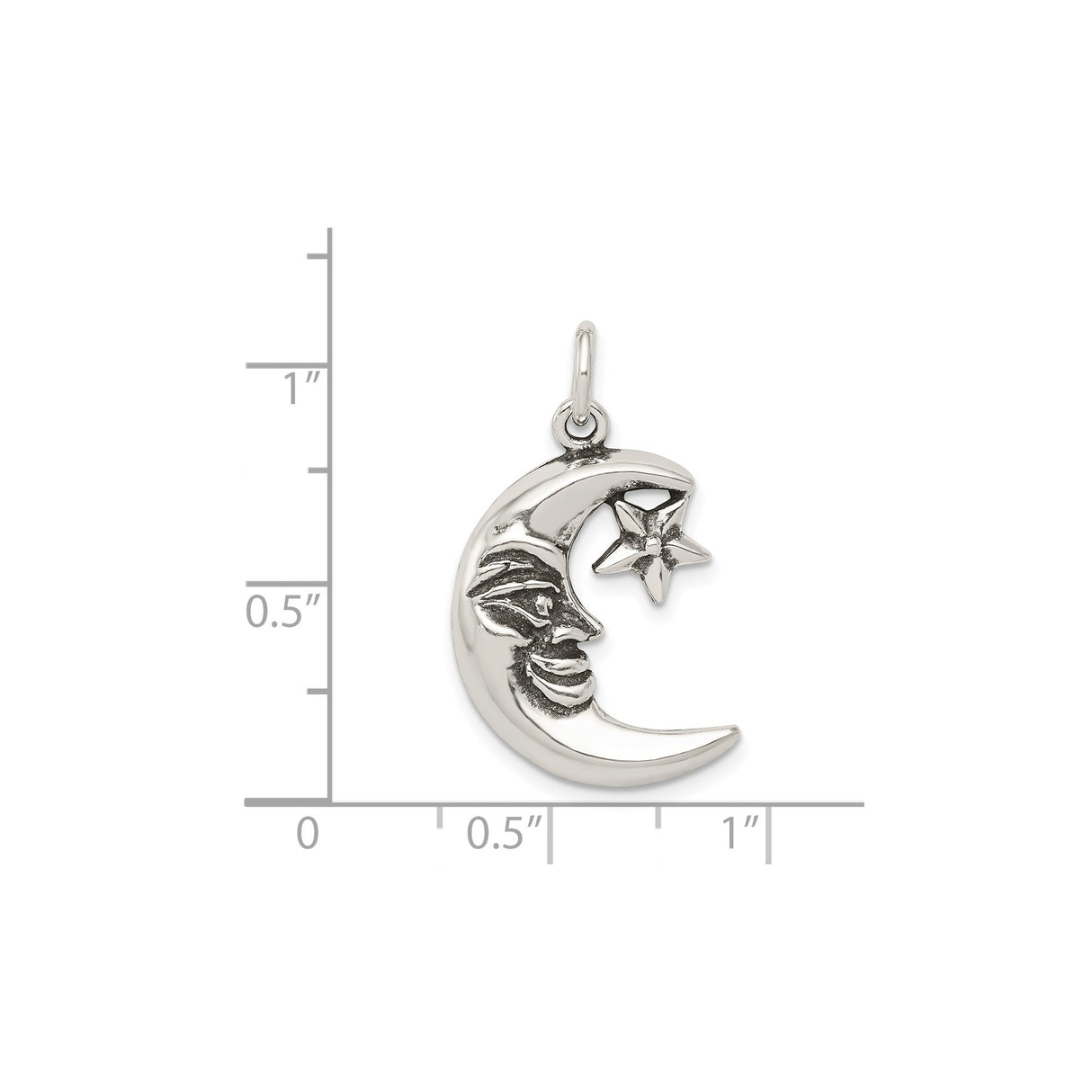 Sterling Silver Crescent Moon and Star Pendant with Face Detail, Celestial Astrology Charm