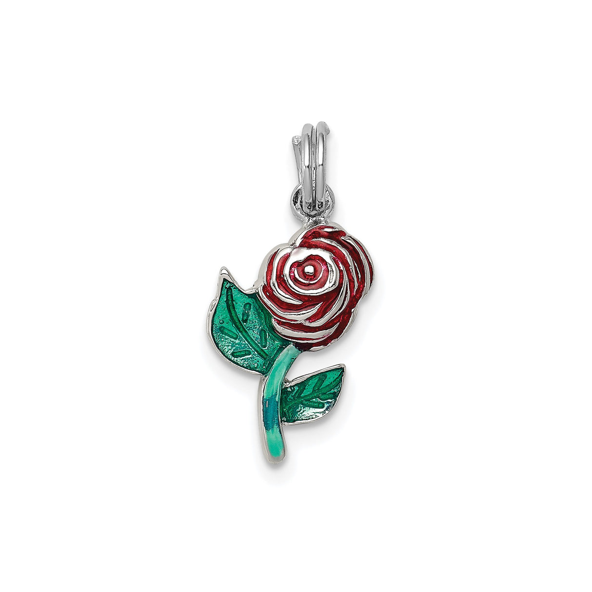 Sterling Silver Rose Pendant with Red and Green Enamel, Romantic Floral Design for Women