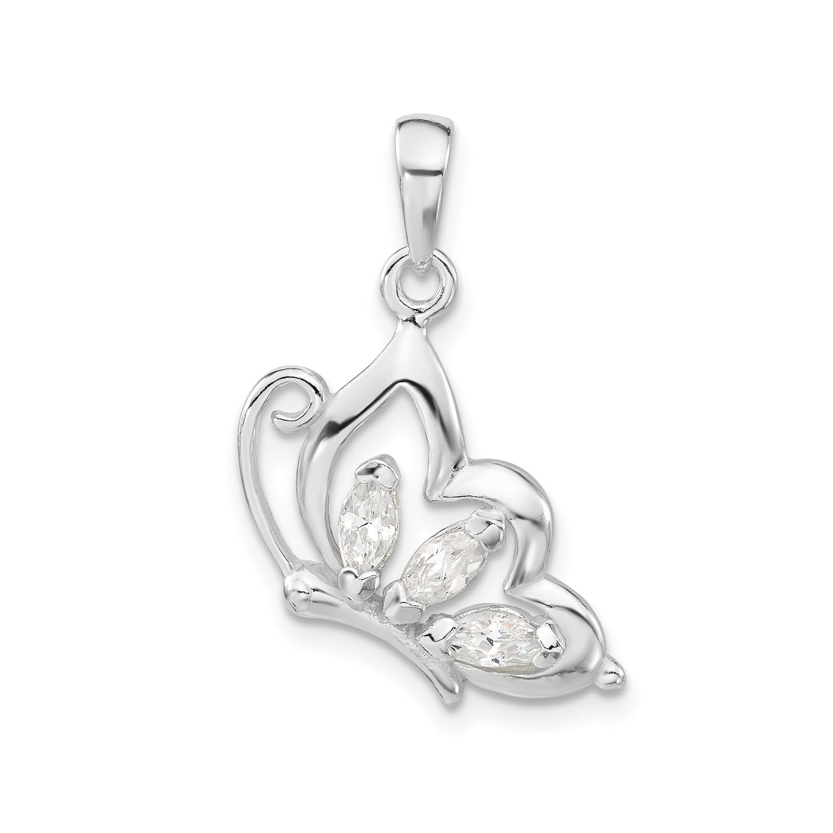Sterling Silver Butterfly Pendant with Marquise Cut Cubic Zirconia, Openwork Nature Design
