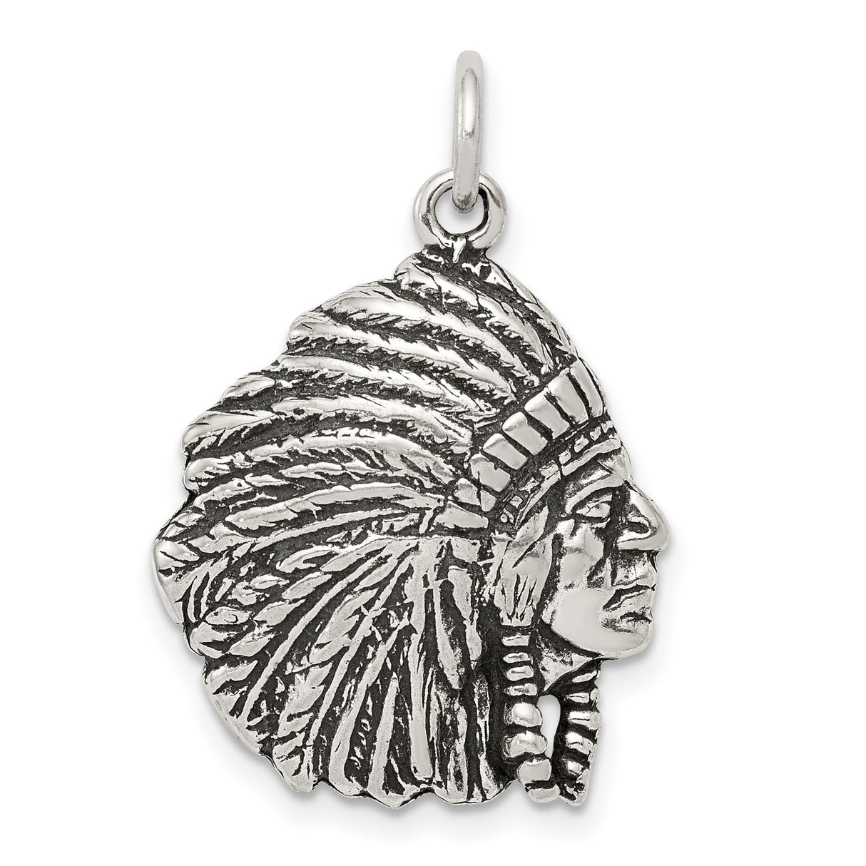 Sterling Silver Native Chief Pendant with Feathered Headdress and Tribal Warrior Design