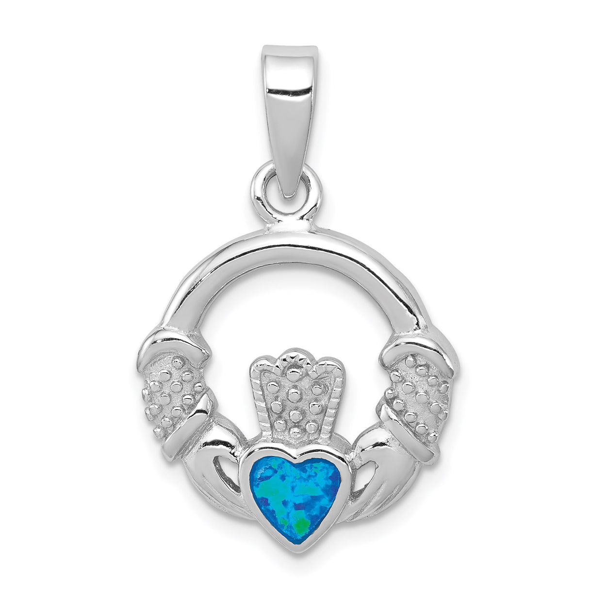 Sterling Silver Claddagh Pendant with Lab Created Blue Opal Heart, Celtic Irish Symbol
