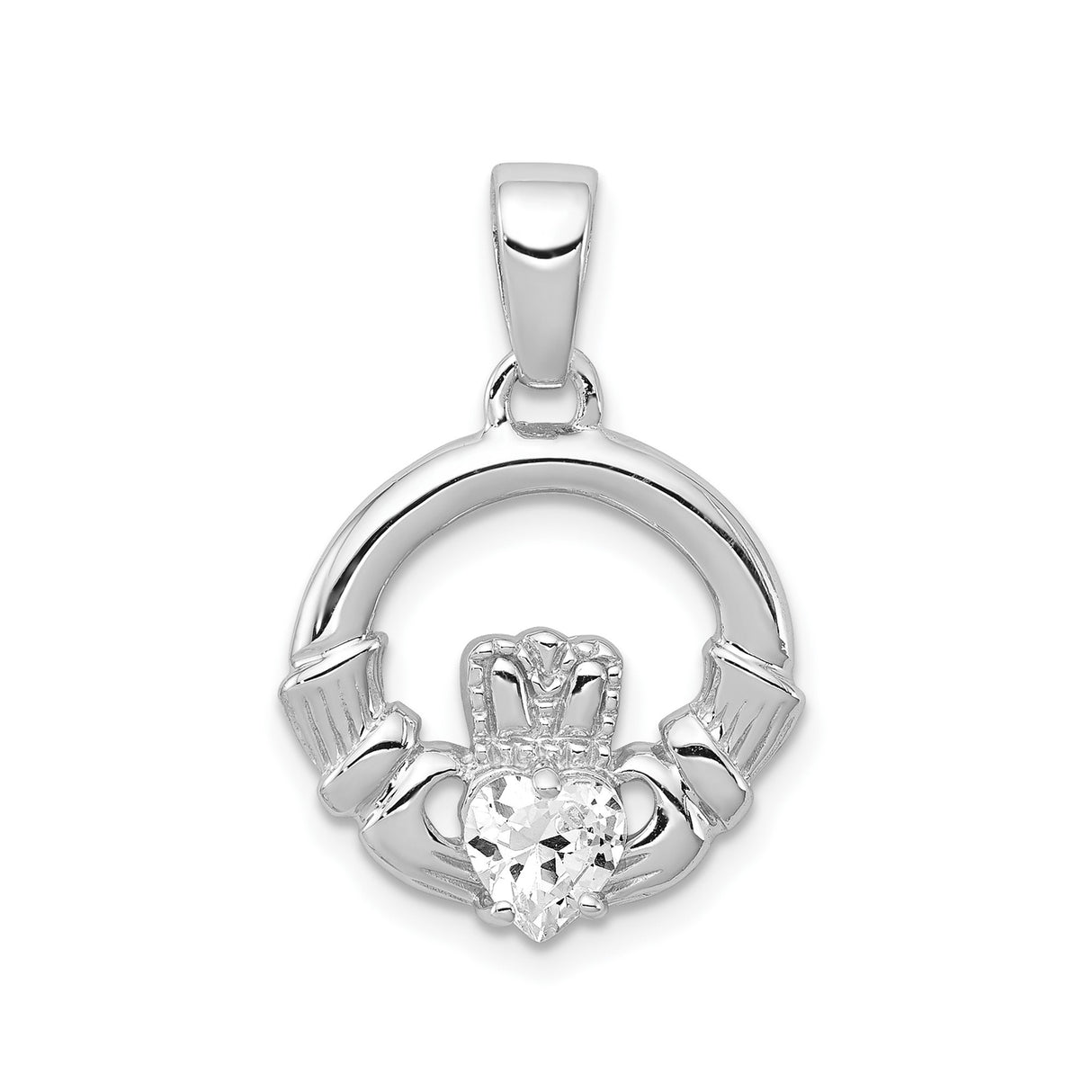 Sterling Silver Claddagh Pendant with Cubic Zirconia, Irish Celtic Heart Crown Hands Design