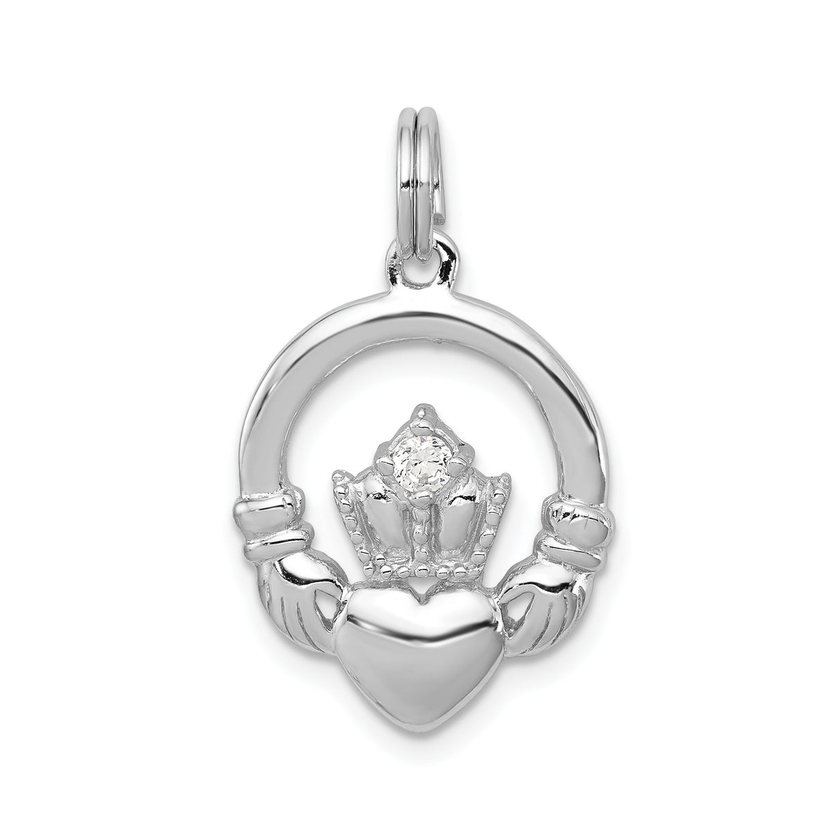 Sterling Silver Claddagh Pendant with Cubic Zirconia, Irish Heart Crown Hands Symbol for Women