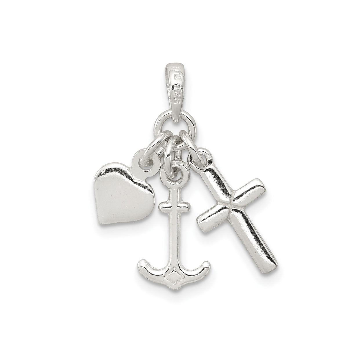 Sterling Silver Cross Pendant with Anchor and Heart Charms, Religious Symbol of Faith and Devotion