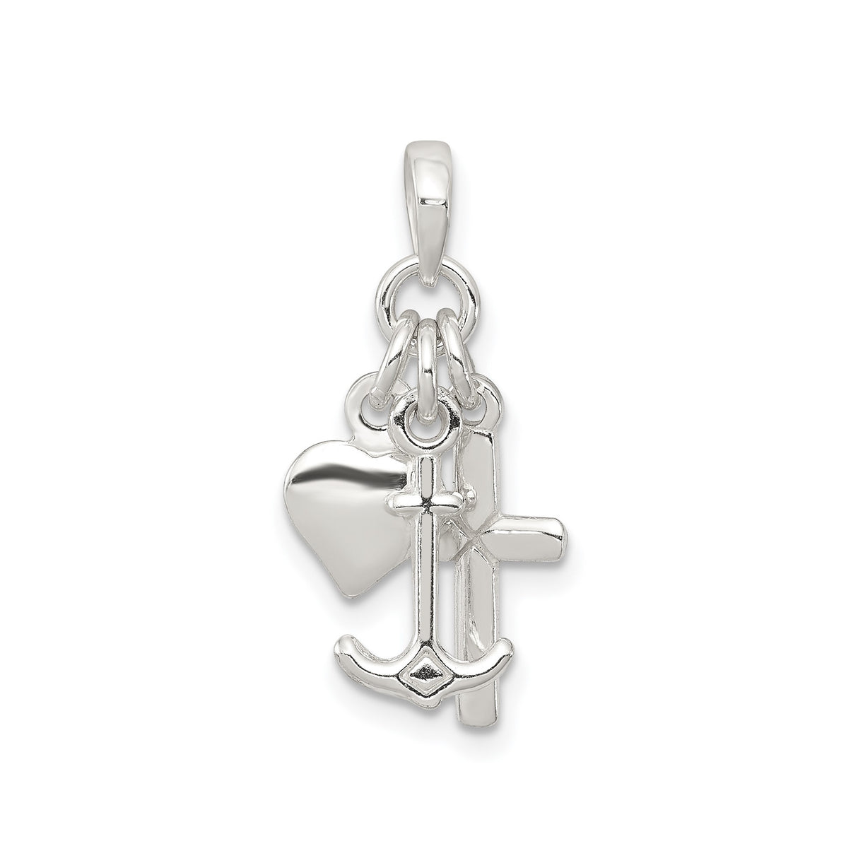 Sterling Silver Cross Pendant with Anchor and Heart Charms, Religious Symbol of Faith and Devotion