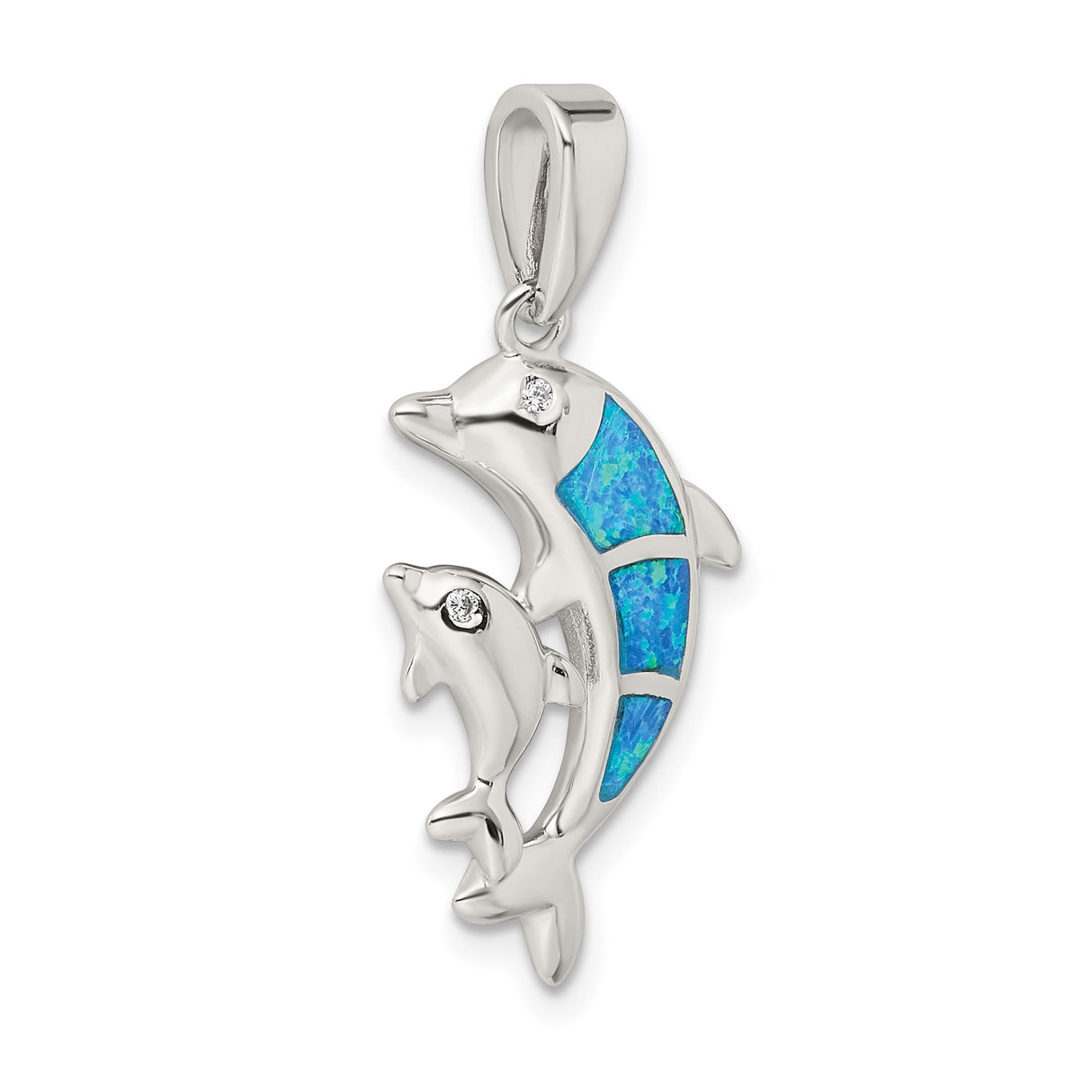 Sterling Silver Dolphin Pendant with Blue Lab Created Opal, Mother and Baby Ocean Theme