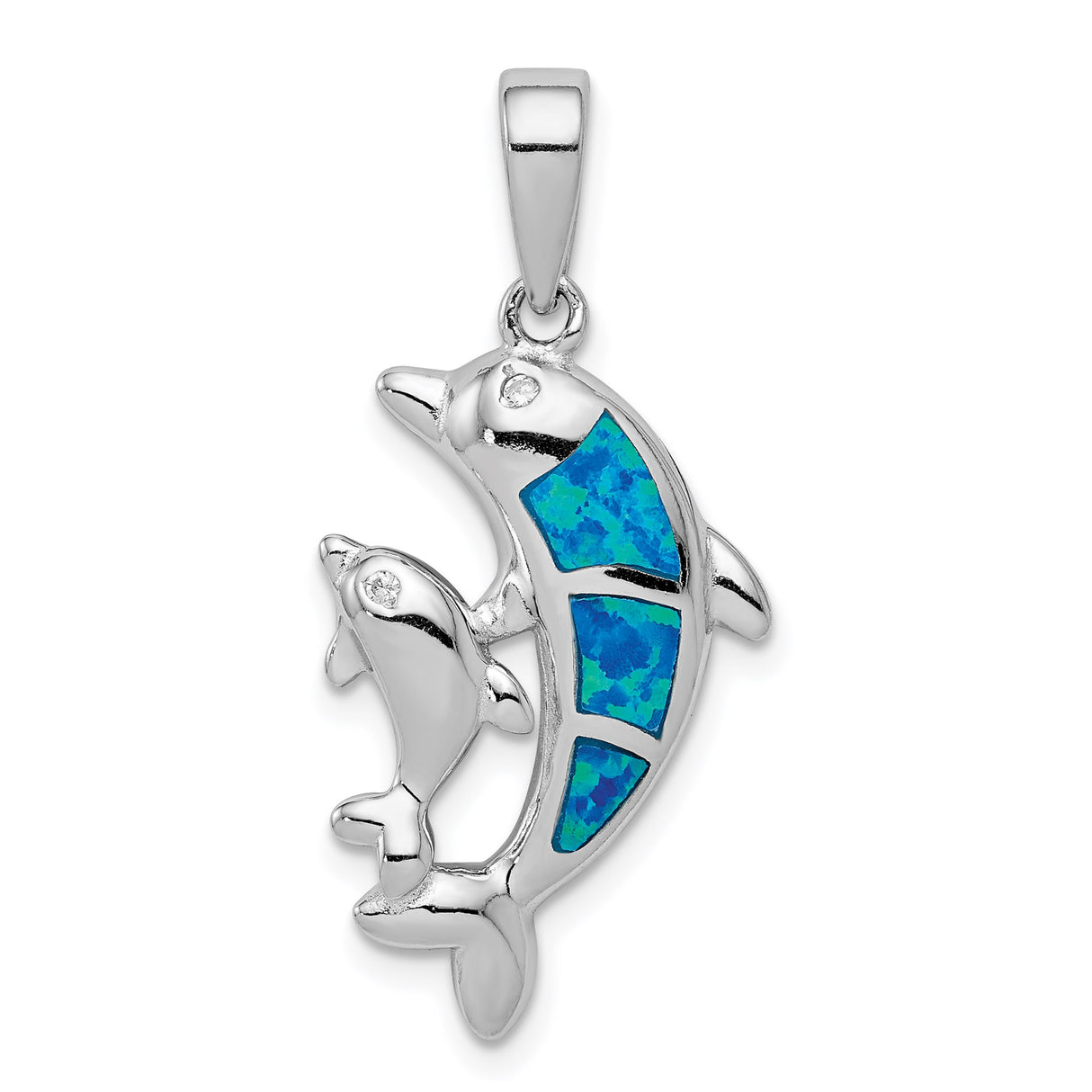 Sterling Silver Dolphin Pendant with Blue Lab Created Opal, Mother and Baby Ocean Theme