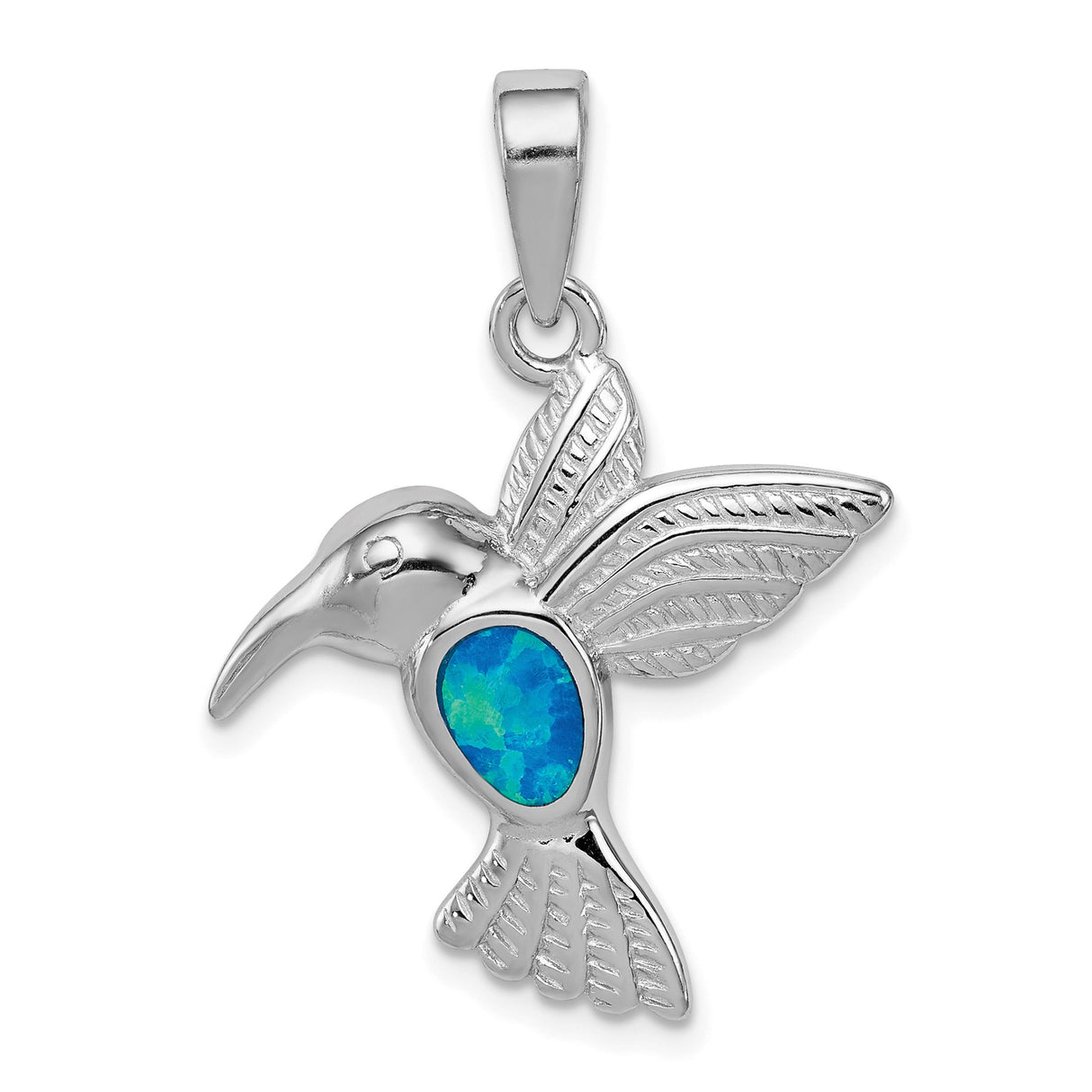 Sterling Silver Hummingbird Pendant with Simulated Blue Opal Inlay, Nature Spirit Theme