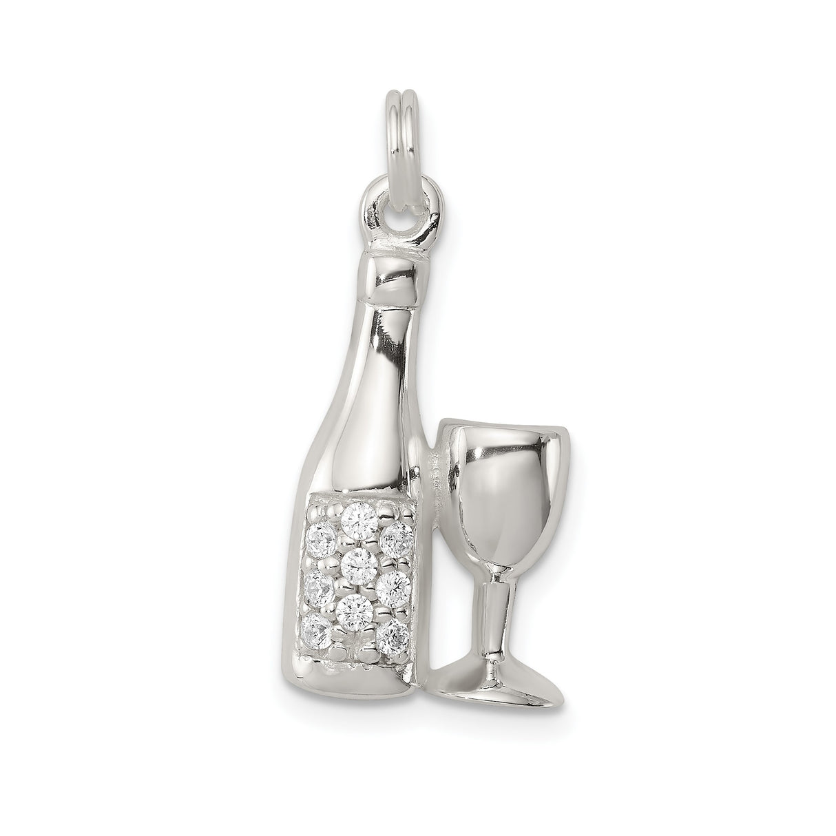 Sterling Silver Wine Bottle Pendant with Glass Detail and Cubic Zirconia Accents