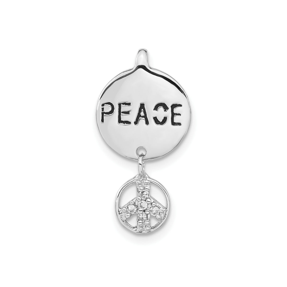 Sterling Silver Peace Pendant with Cubic Zirconia, Round Disc and Peace Sign Charm