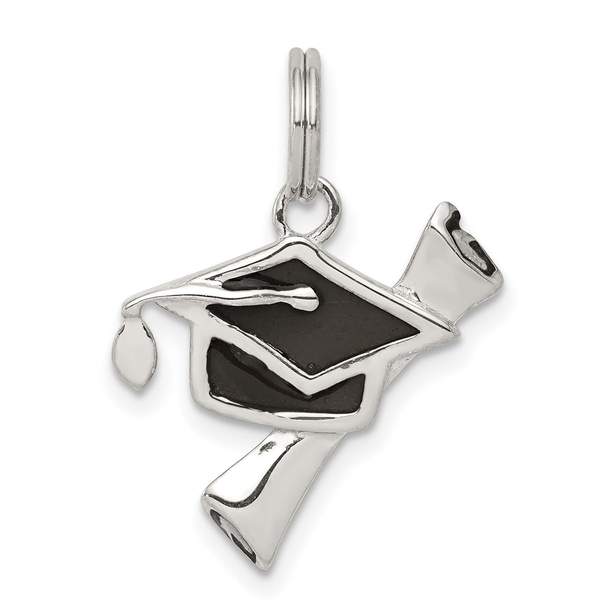 Black Enamel Graduation Cap and Diploma Charm Pendant in Real 925 Sterling Silver
