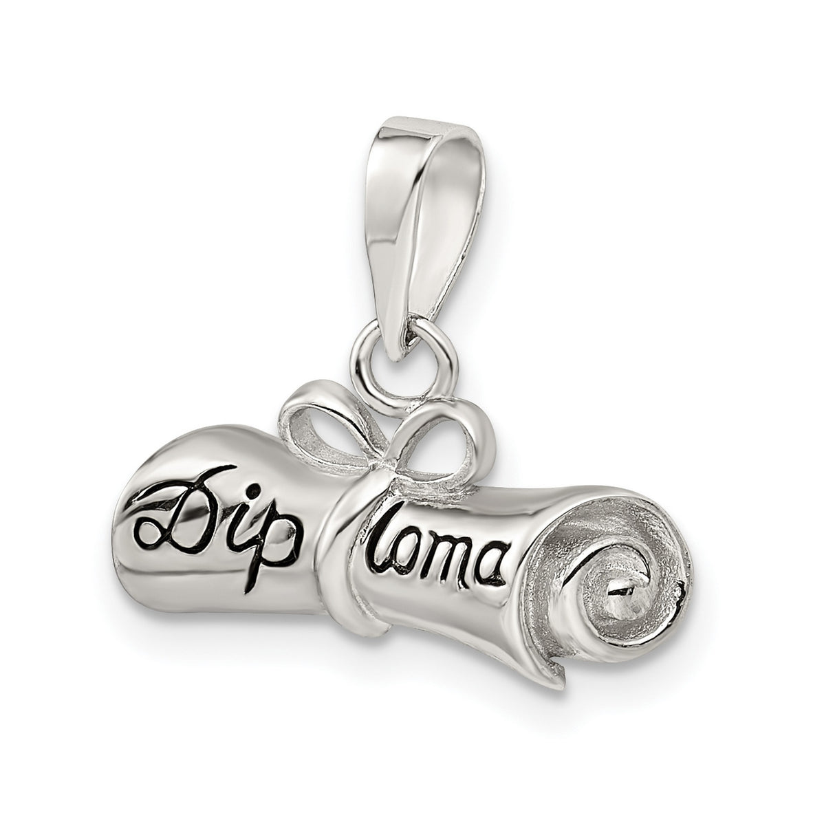 Black Diploma Word on Rolled-Up Graduation Day Certificate Charm Pendant in Real 925 Sterling Silver