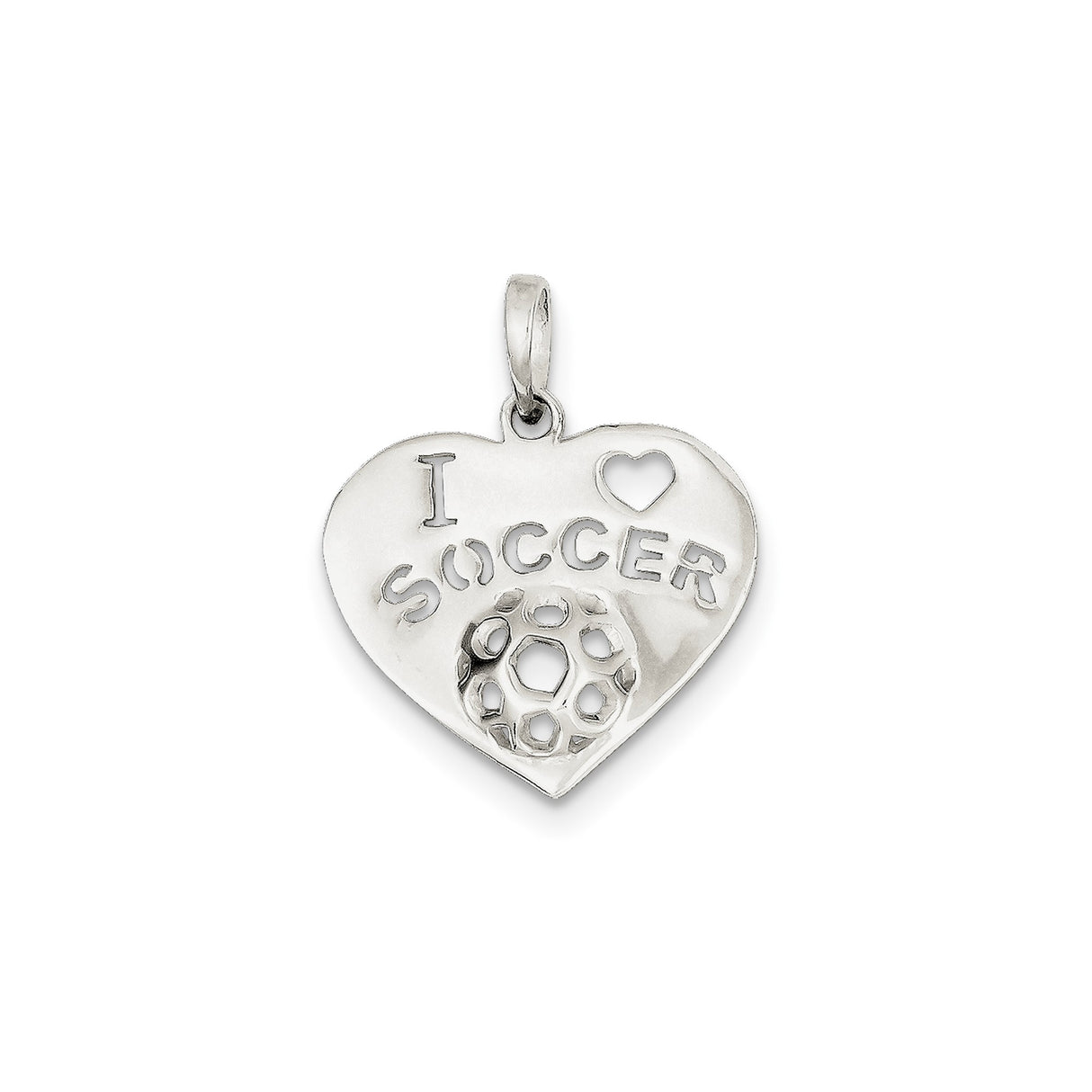 Sterling Silver Soccer Heart Pendant with Cutout Text and Ball Design