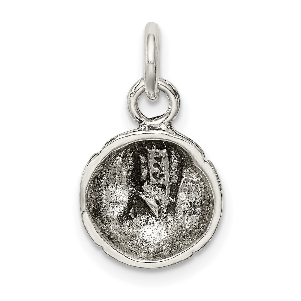Antiqued Baseball With Black Stitched Seams Charm Pendant in Real 925 Sterling Silver