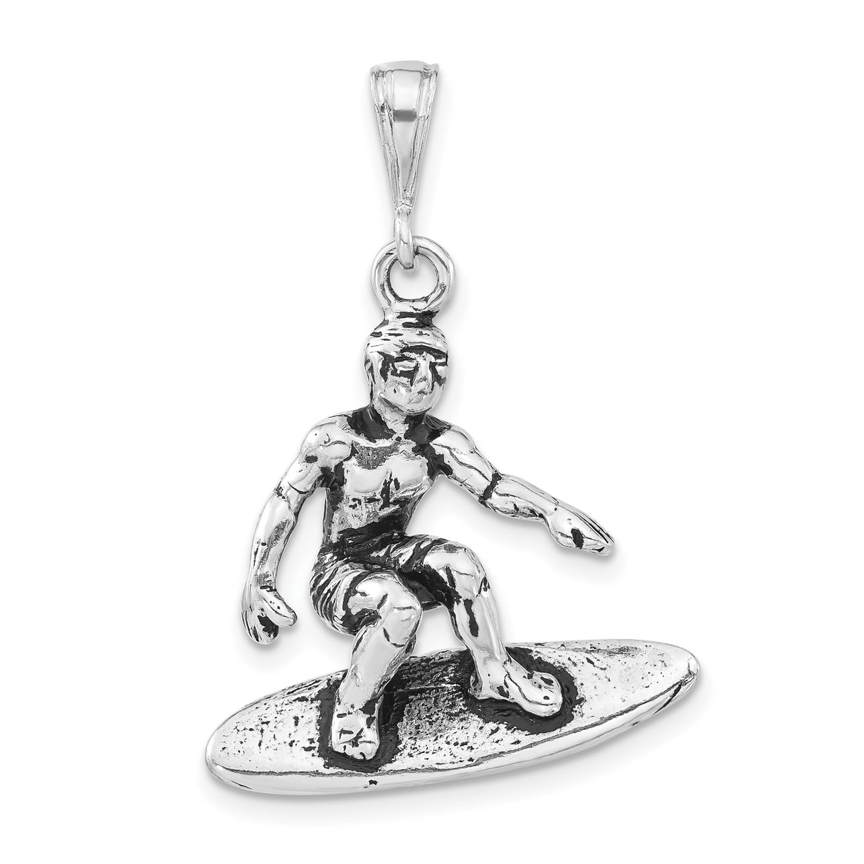 Sterling Silver Surfer Pendant with Detailed Surfboard Design, Unisex Coastal Jewelry