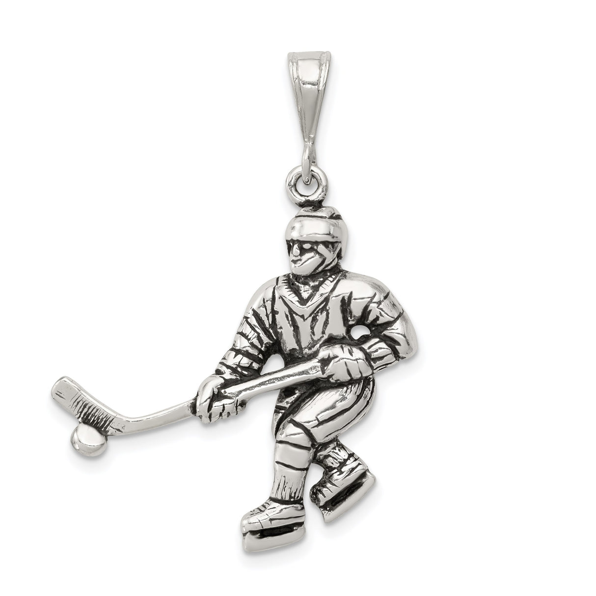 Sterling Silver Hockey Player Pendant with Stick and Puck, Unisex Sports Charm