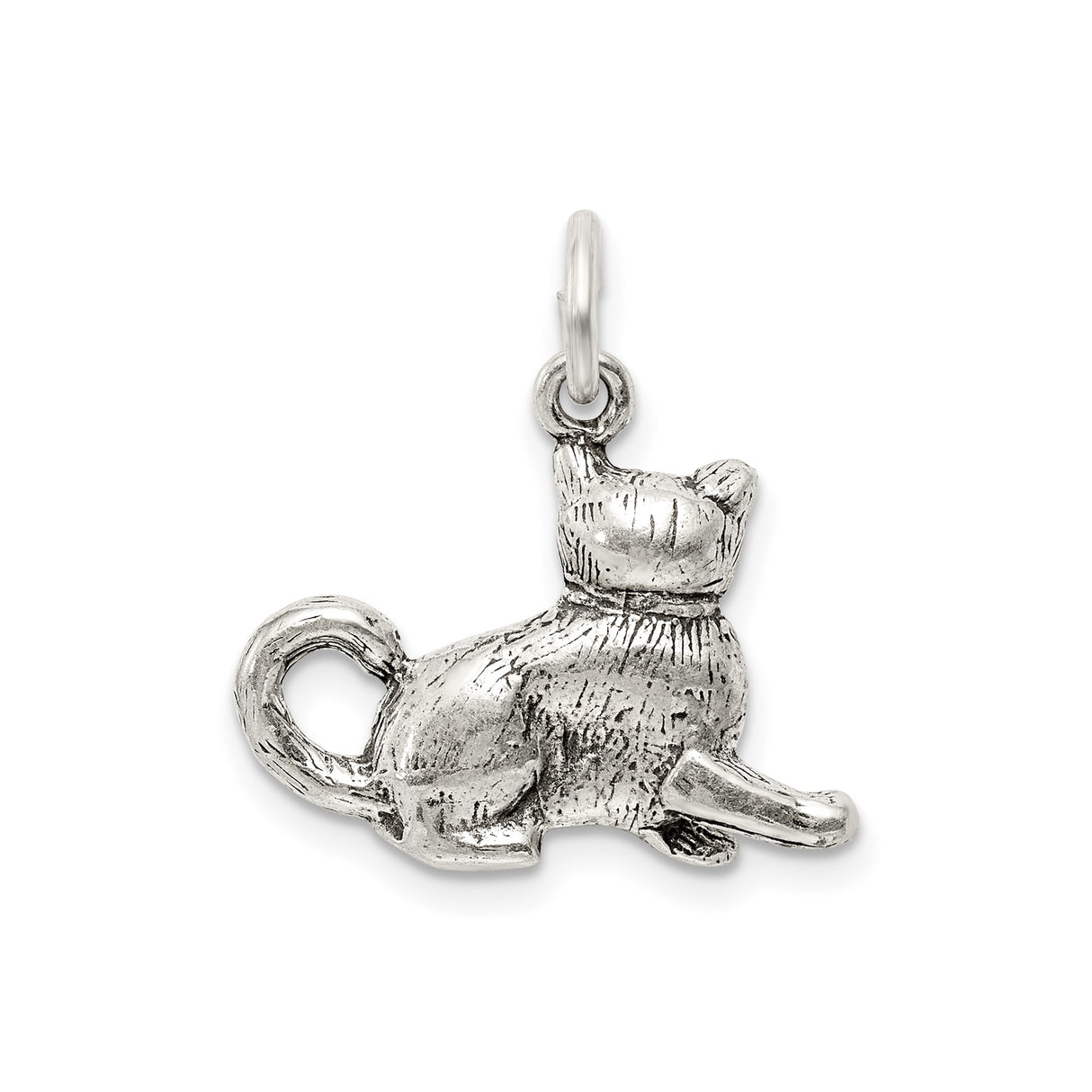 Sterling Silver Cat Pendant Charm with Bow Collar, Sitting Feline Design