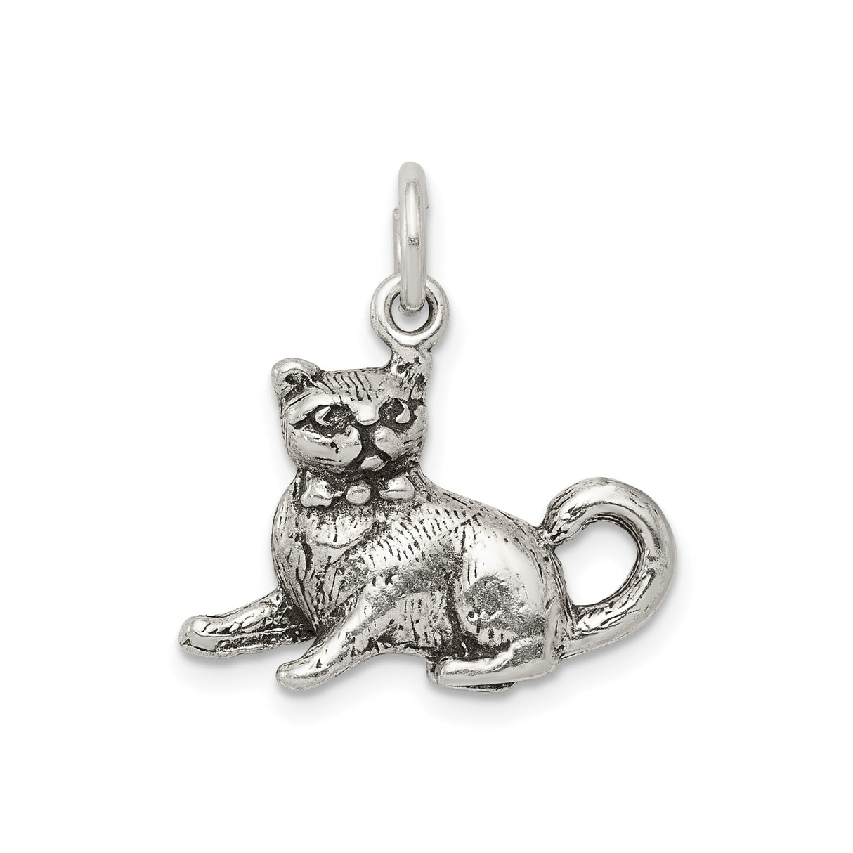 Sterling Silver Cat Pendant Charm with Bow Collar, Sitting Feline Design