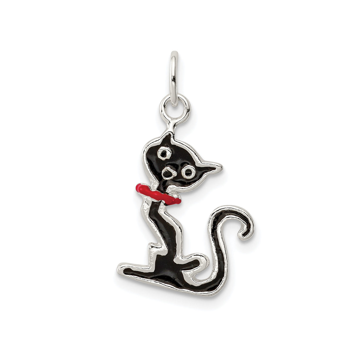 Sterling Silver Cat Pendant with Red Collar, Whimsical Cartoon Feline Charm Design for Women
