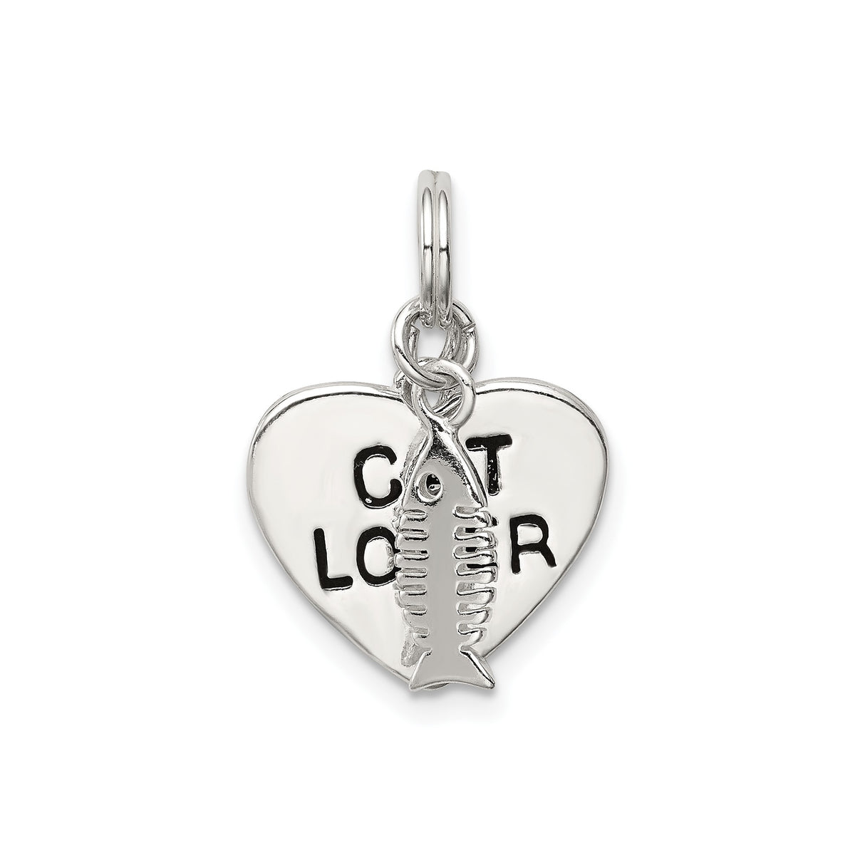 Sterling Silver Heart Cat Lover Pendant with Fishbone Accent, Pet Jewelry for Women