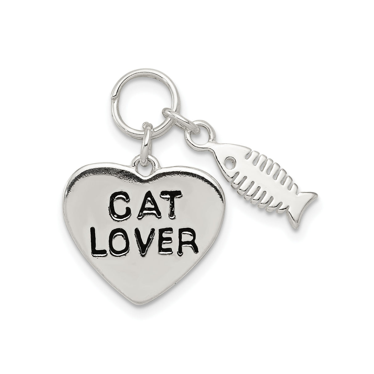 Sterling Silver Heart Cat Lover Pendant with Fishbone Accent, Pet Jewelry for Women