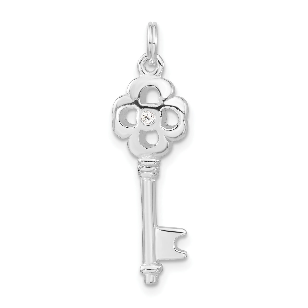 Sterling Silver Key Pendant with Cubic Zirconia, Floral Clover Design, Inspirational Jewelry for Women