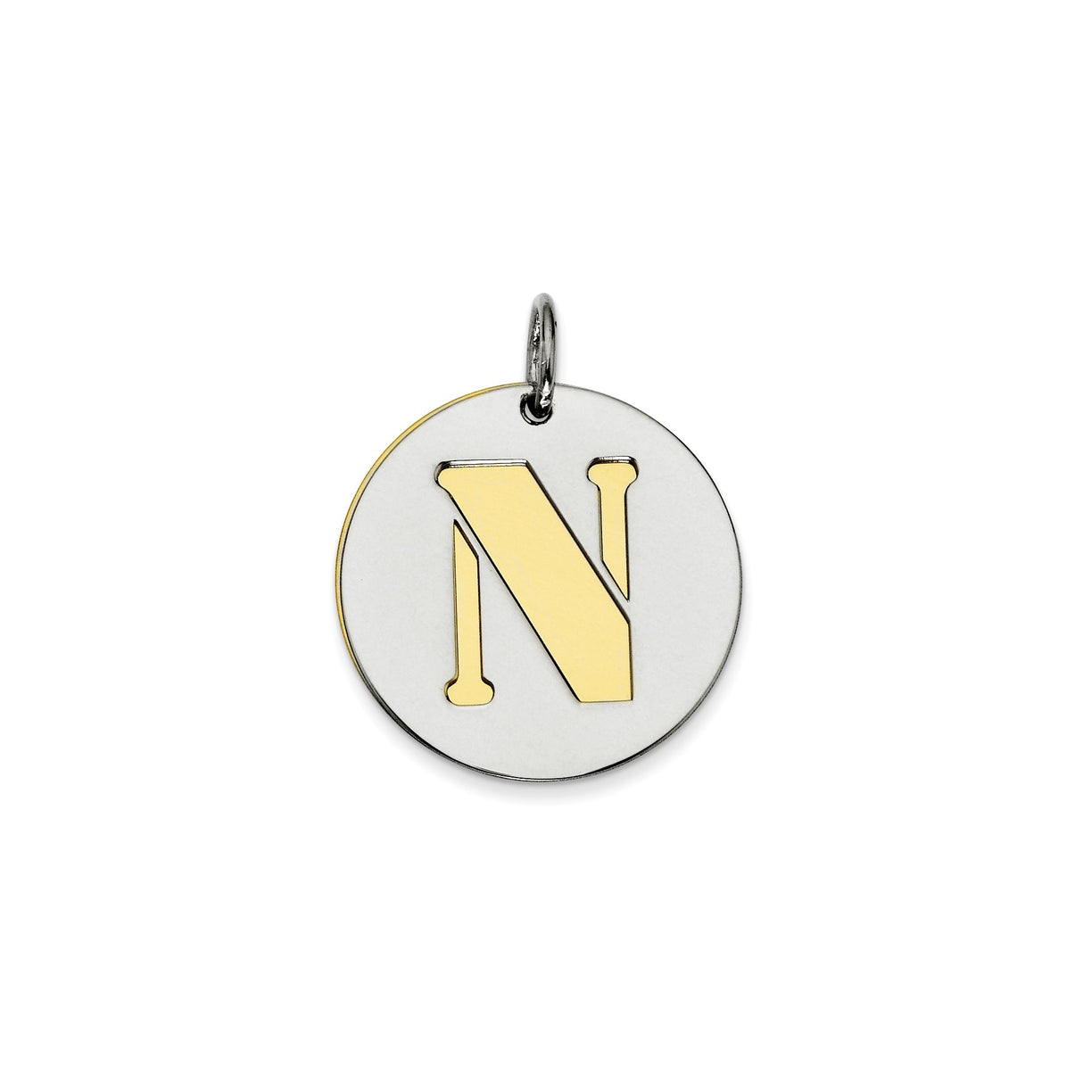 Sterling Silver Initial N Pendant with Gold Plated Accent, Round Disc Letter Charm